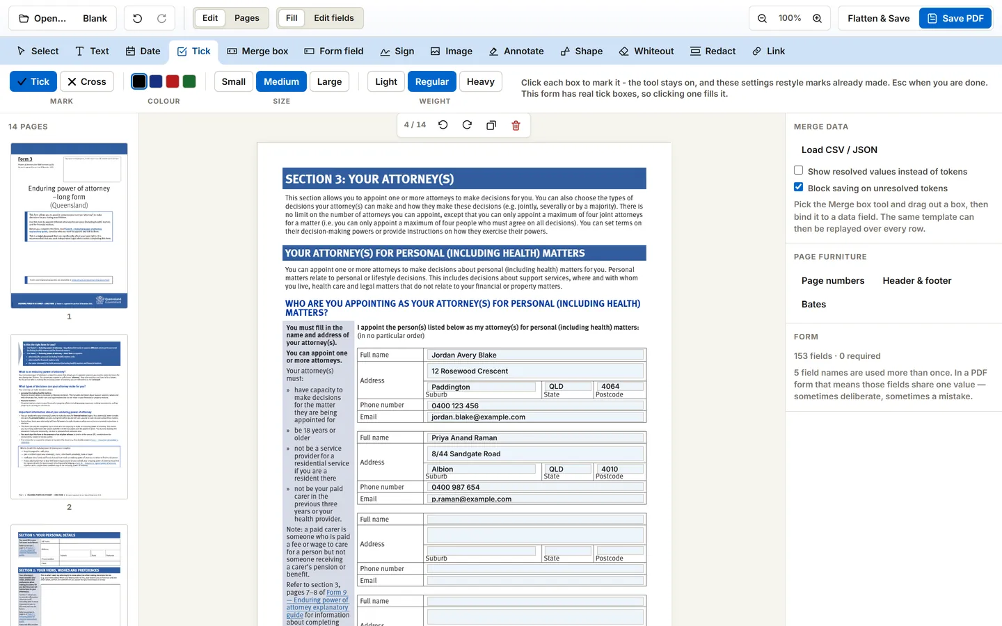 The PDF editor with a Queensland enduring power of attorney form open and its attorney name, address, phone and email fields filled in with sample details. The Tick tool is selected, so its options - mark, colour, size and weight - are open in the ribbon beneath the toolbar.