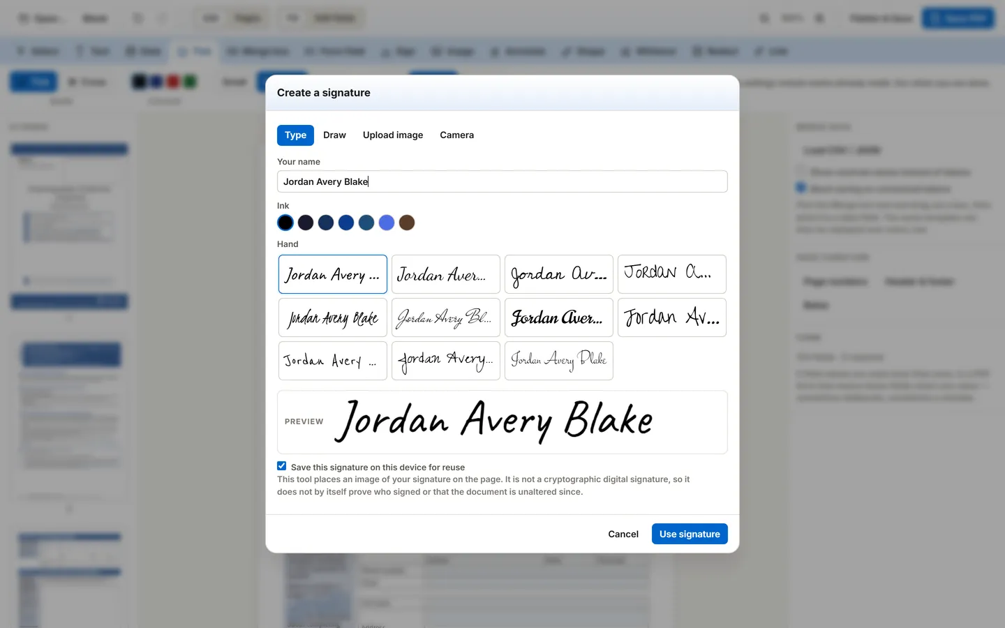 The signature dialog, showing tabs for Type, Draw, Upload image and Camera, eleven handwriting styles rendering the same name, ink colours, and a note that this is not a cryptographic digital signature.