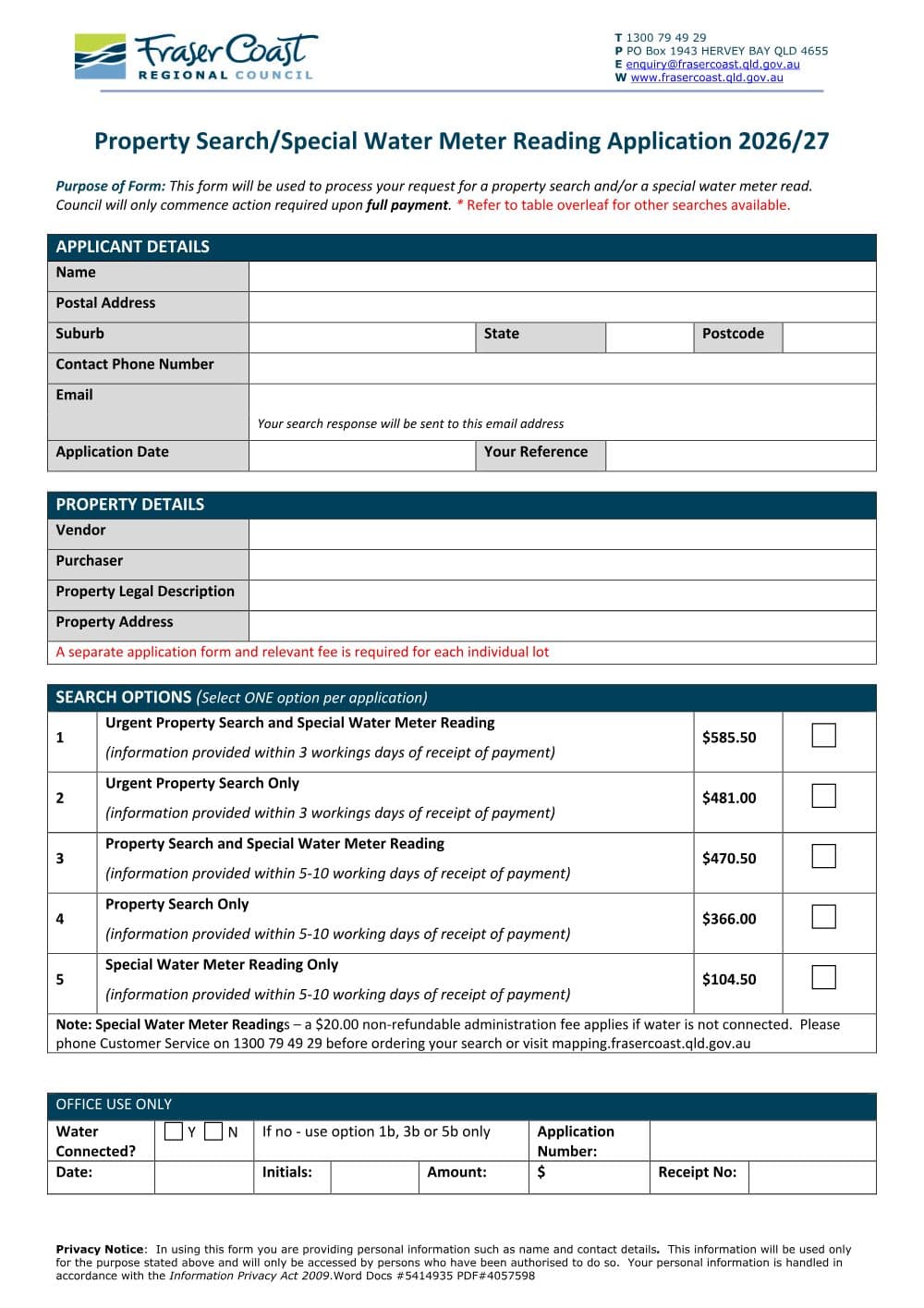 Preview of the first page of Property Search and Special Water Meter Reading Application