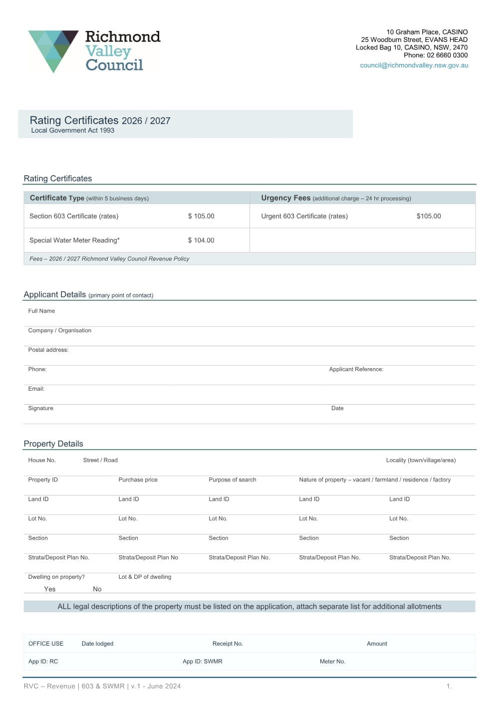 Preview of the first page of Rating Certificates Application (Section 603 and Special Water Meter Reading)
