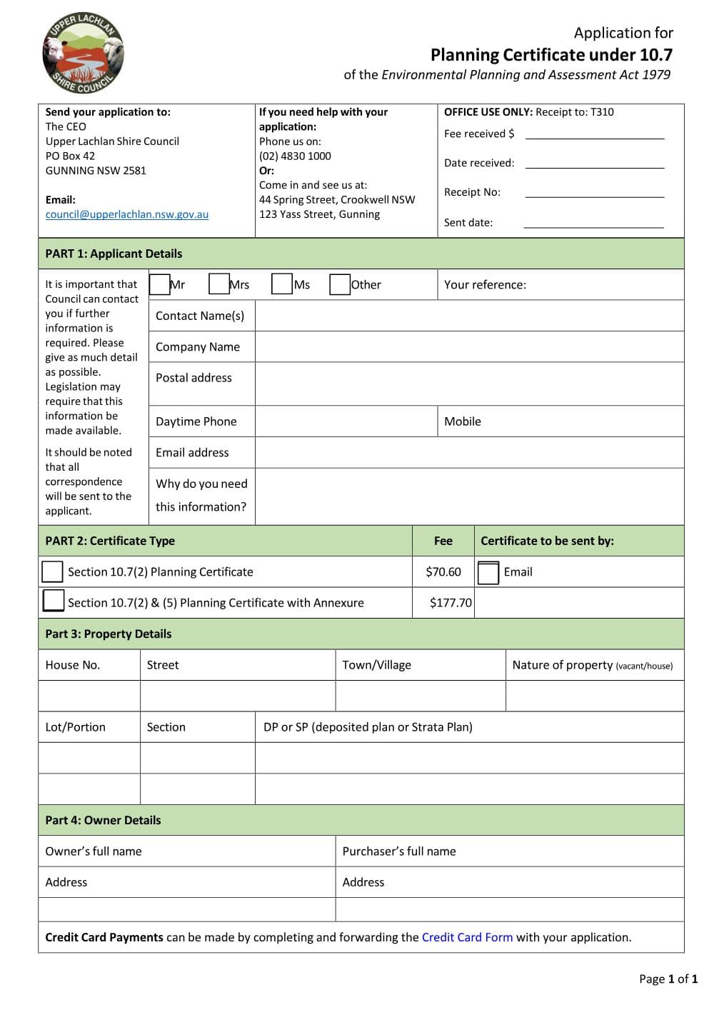 Preview of the first page of Application for Planning Certificate Under Section 10.7