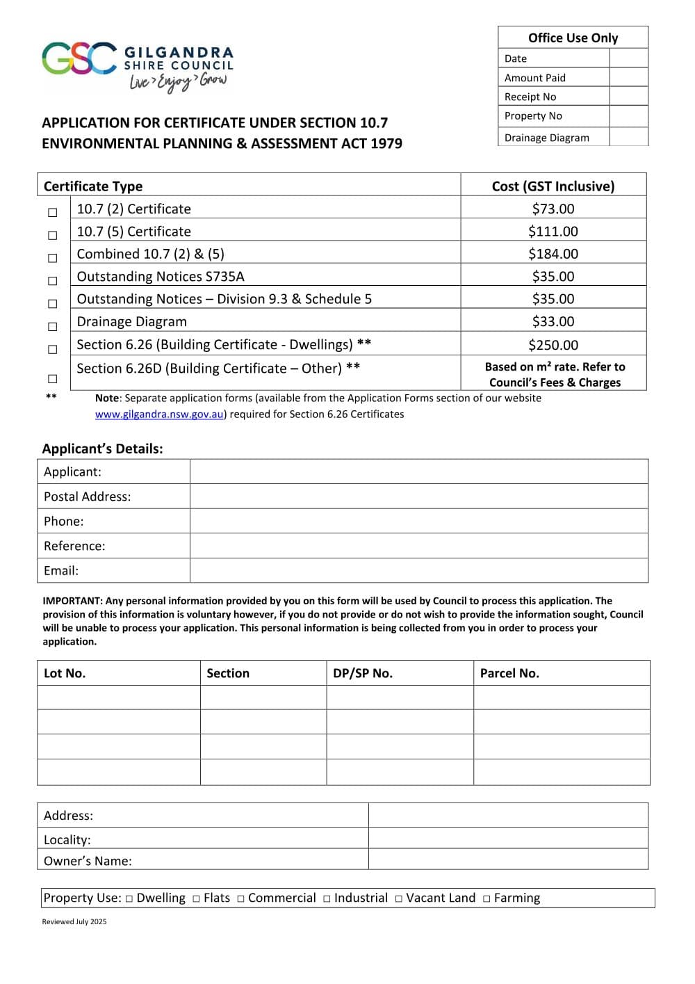 Preview of the first page of Application for Certificate under Section 10.7