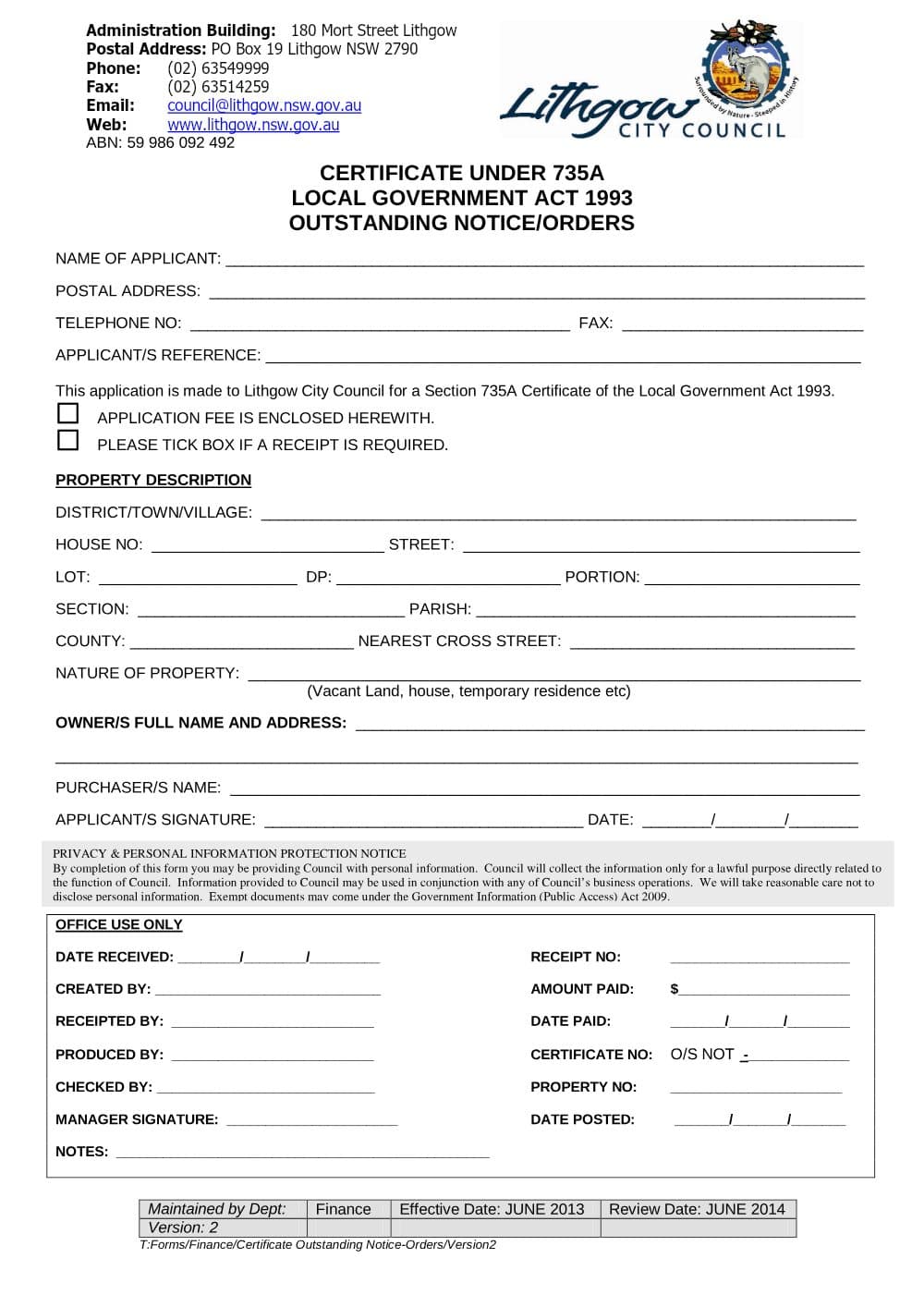 Preview of the first page of Section 735A Certificate Application (Outstanding Notices and Orders)