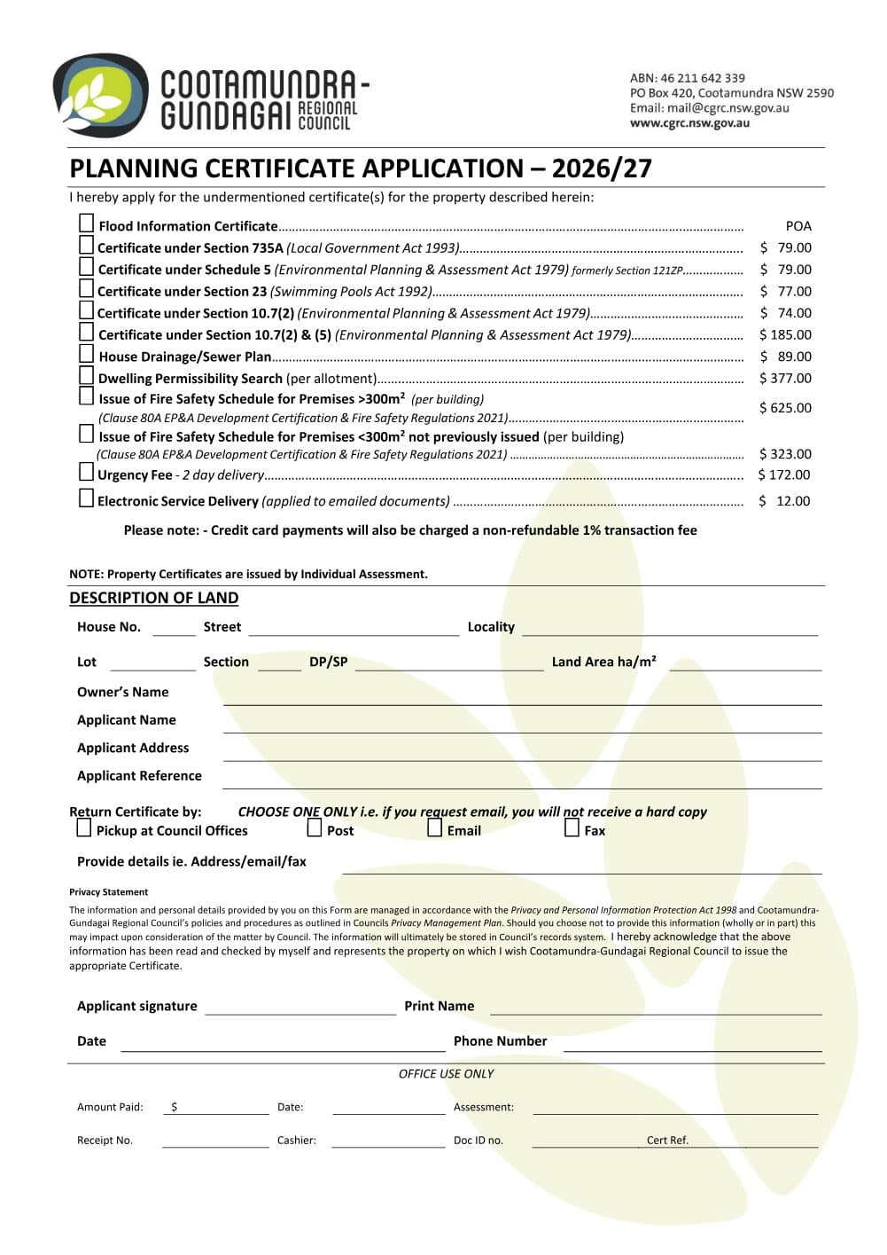 Preview of the first page of Planning Certificate Application