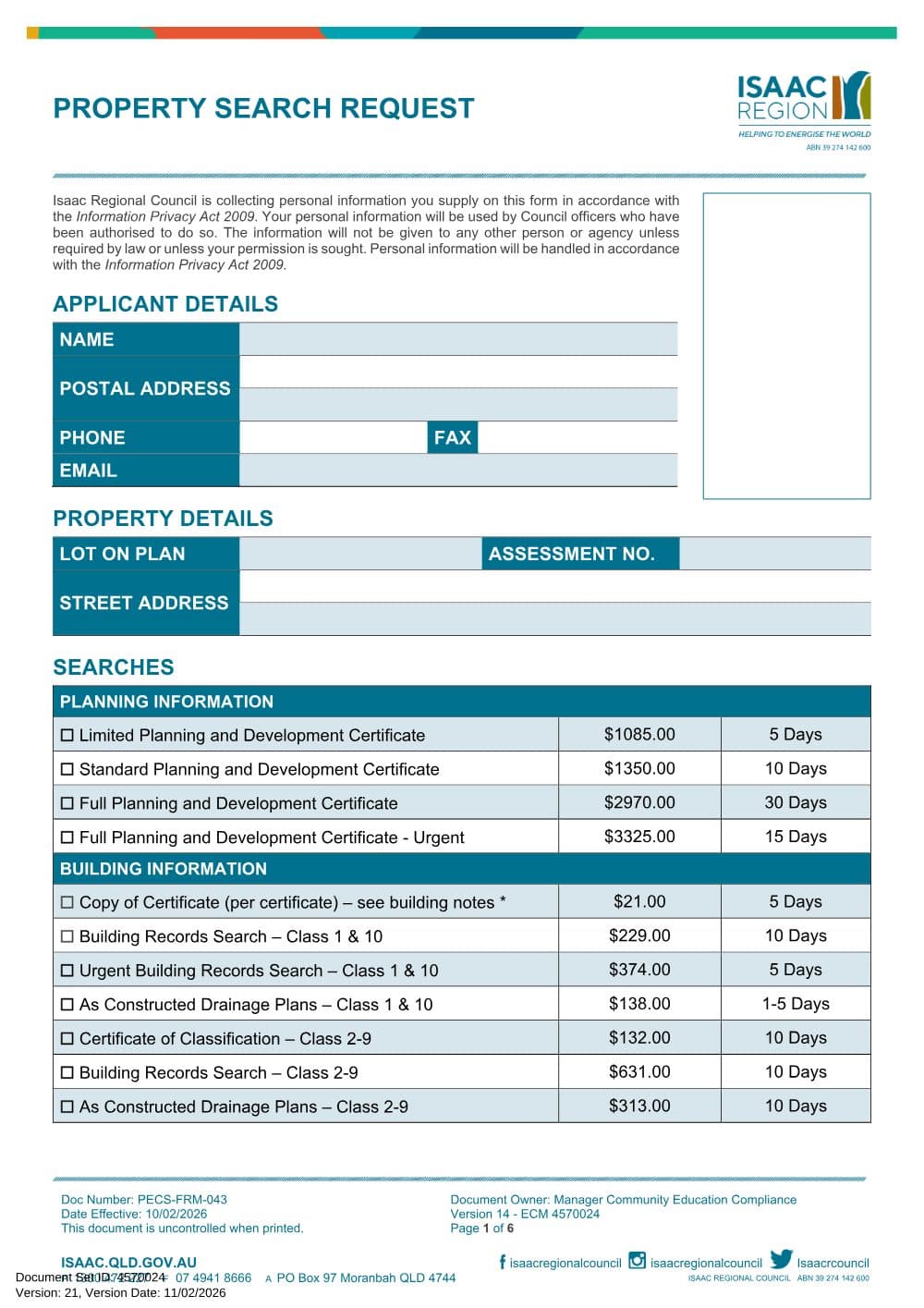 Preview of the first page of Property Search Request Form