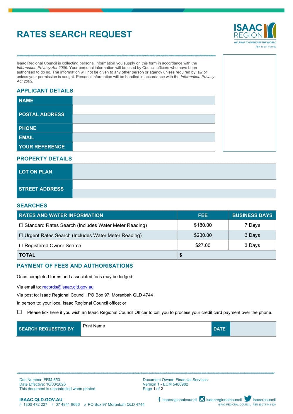 Preview of the first page of Rates Search Request Form