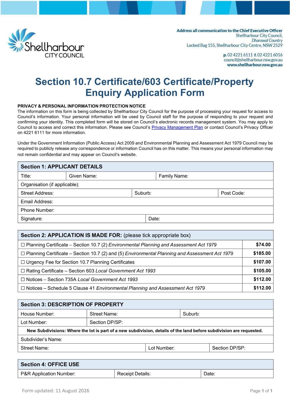 Preview of the first page of Section 10.7 Certificate, 603 Certificate and Property Enquiry Application