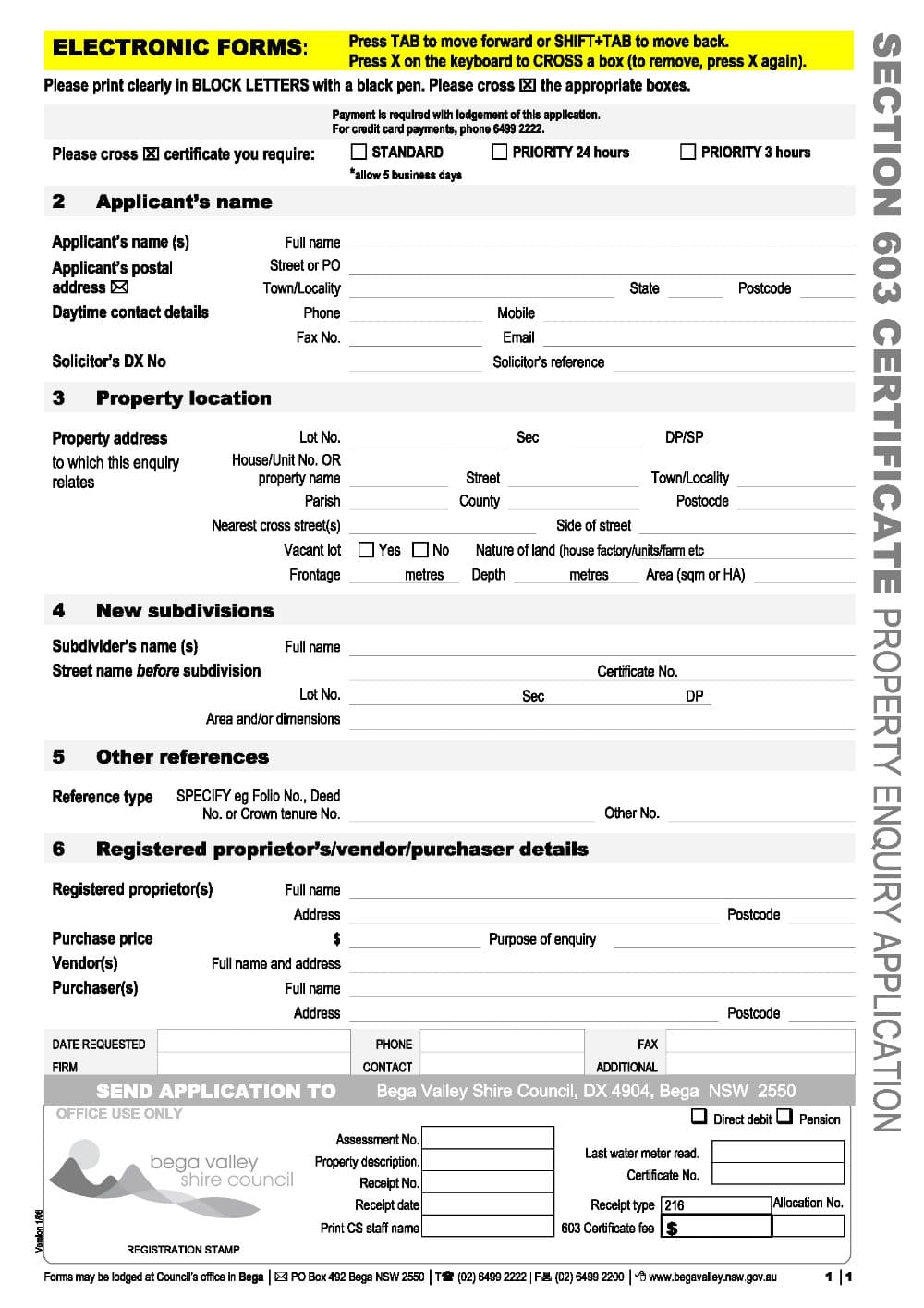 Preview of the first page of Section 603 Certificate Property Enquiry Application