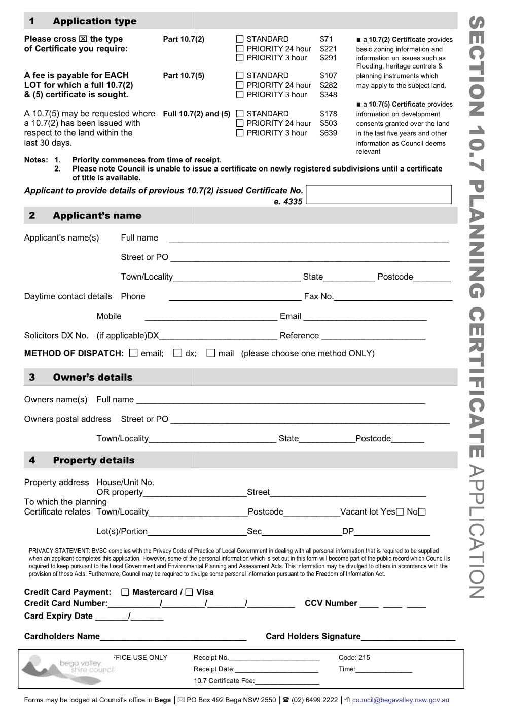 Preview of the first page of Planning Certificate Application