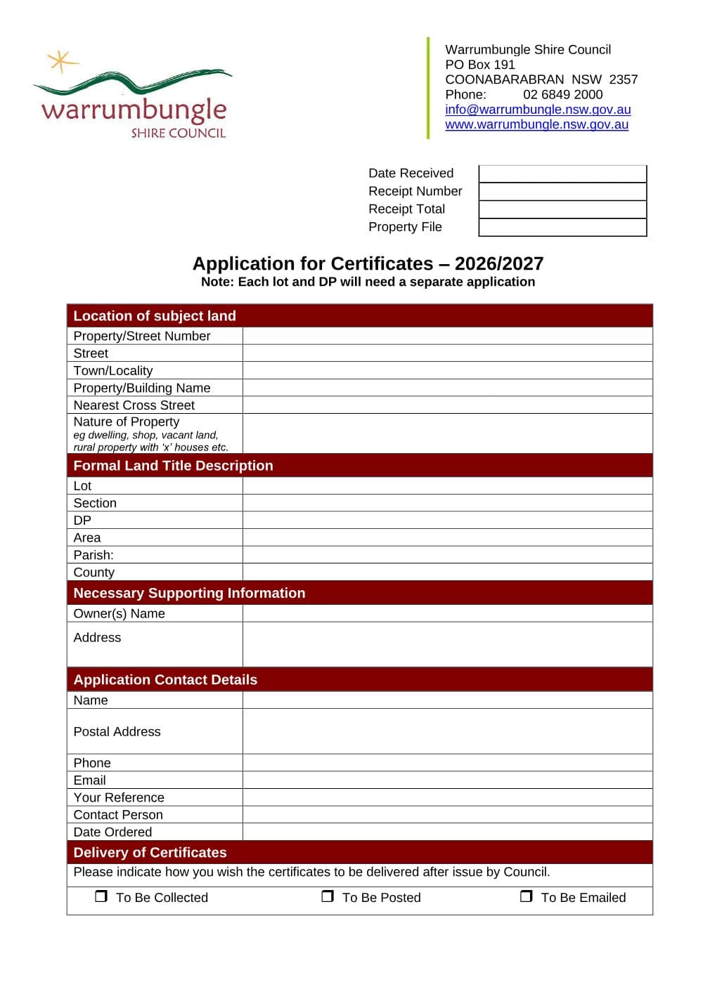 Preview of the first page of Application for Certificates
