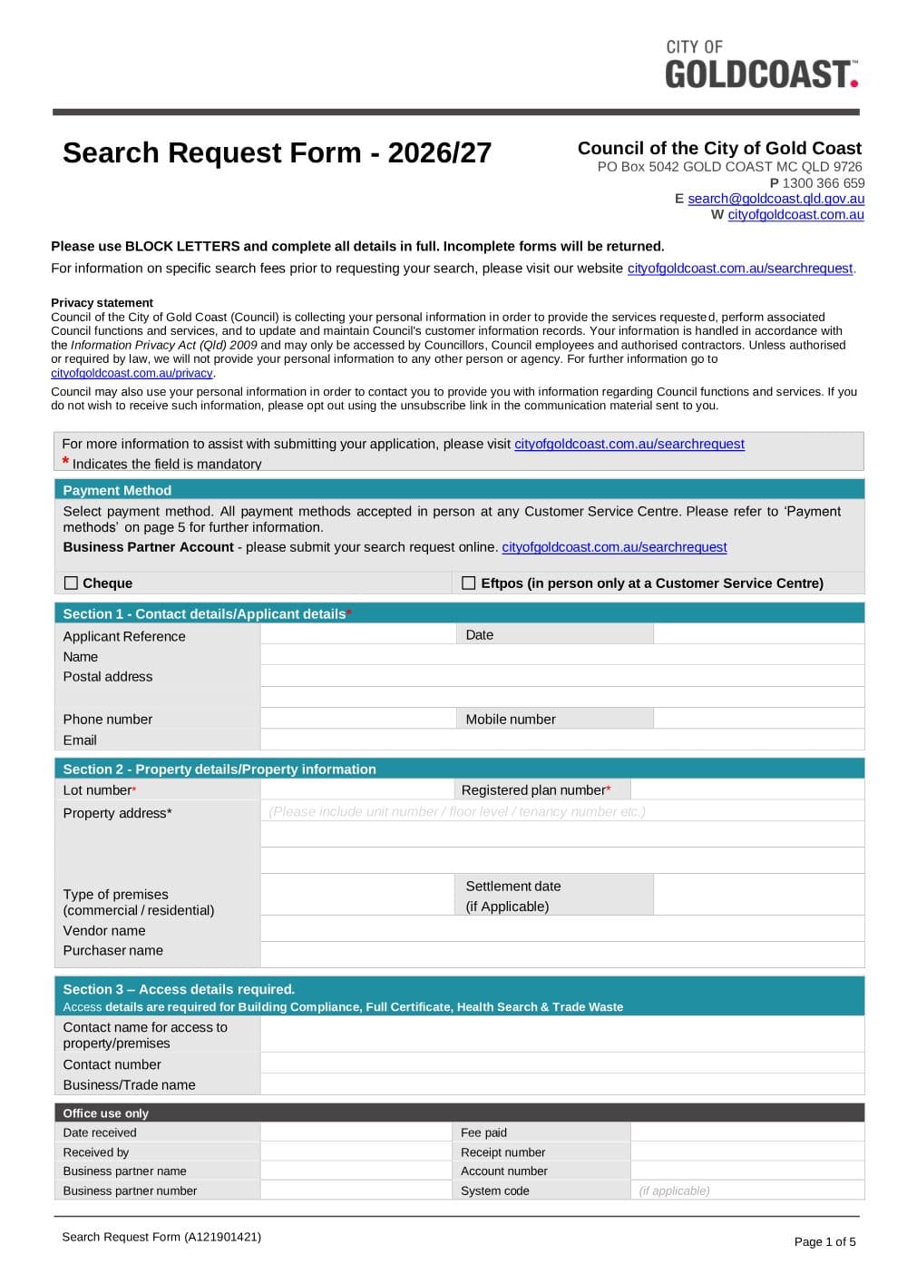 Preview of the first page of Search Request Form