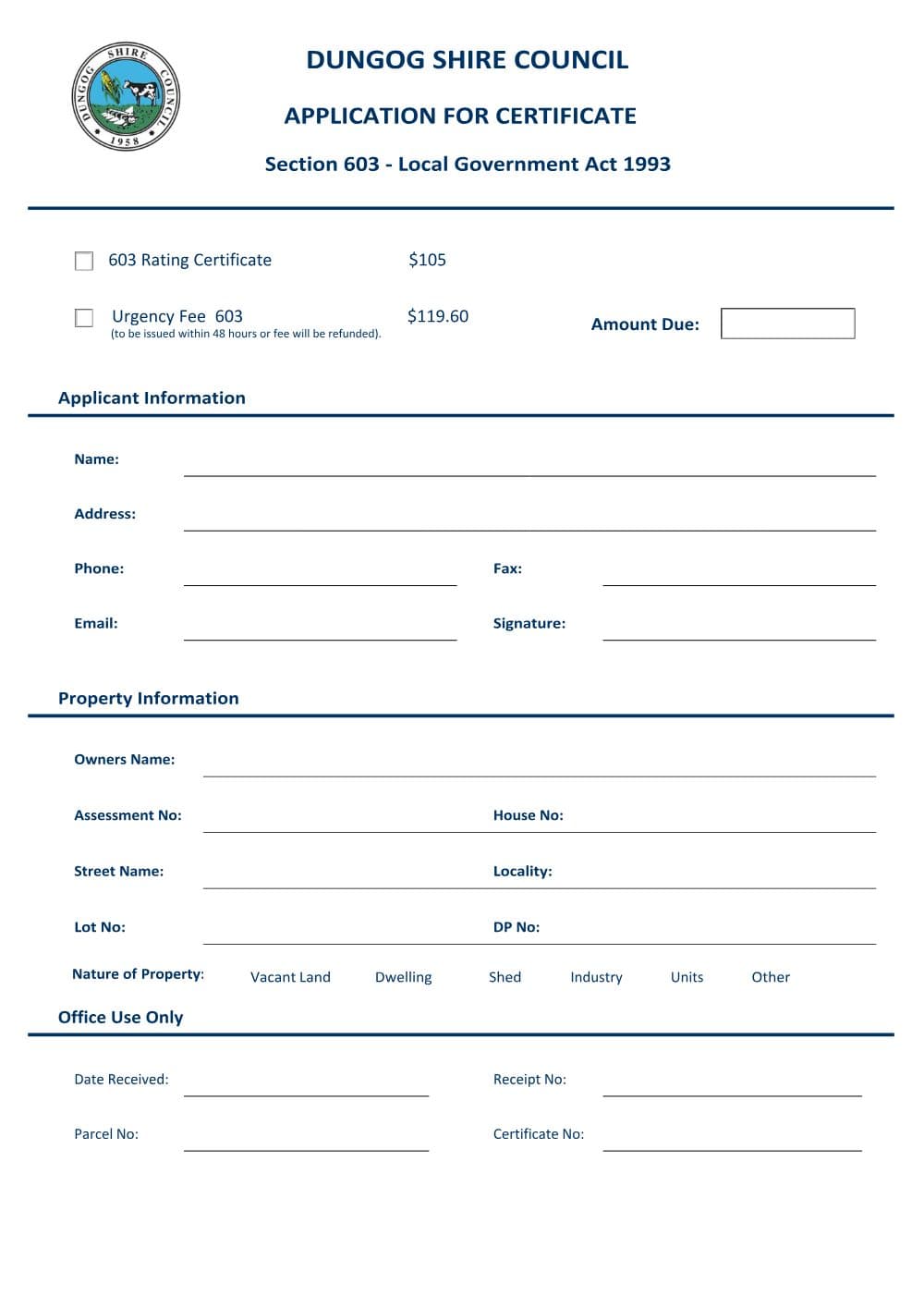 Preview of the first page of Section 603 Certificate Application