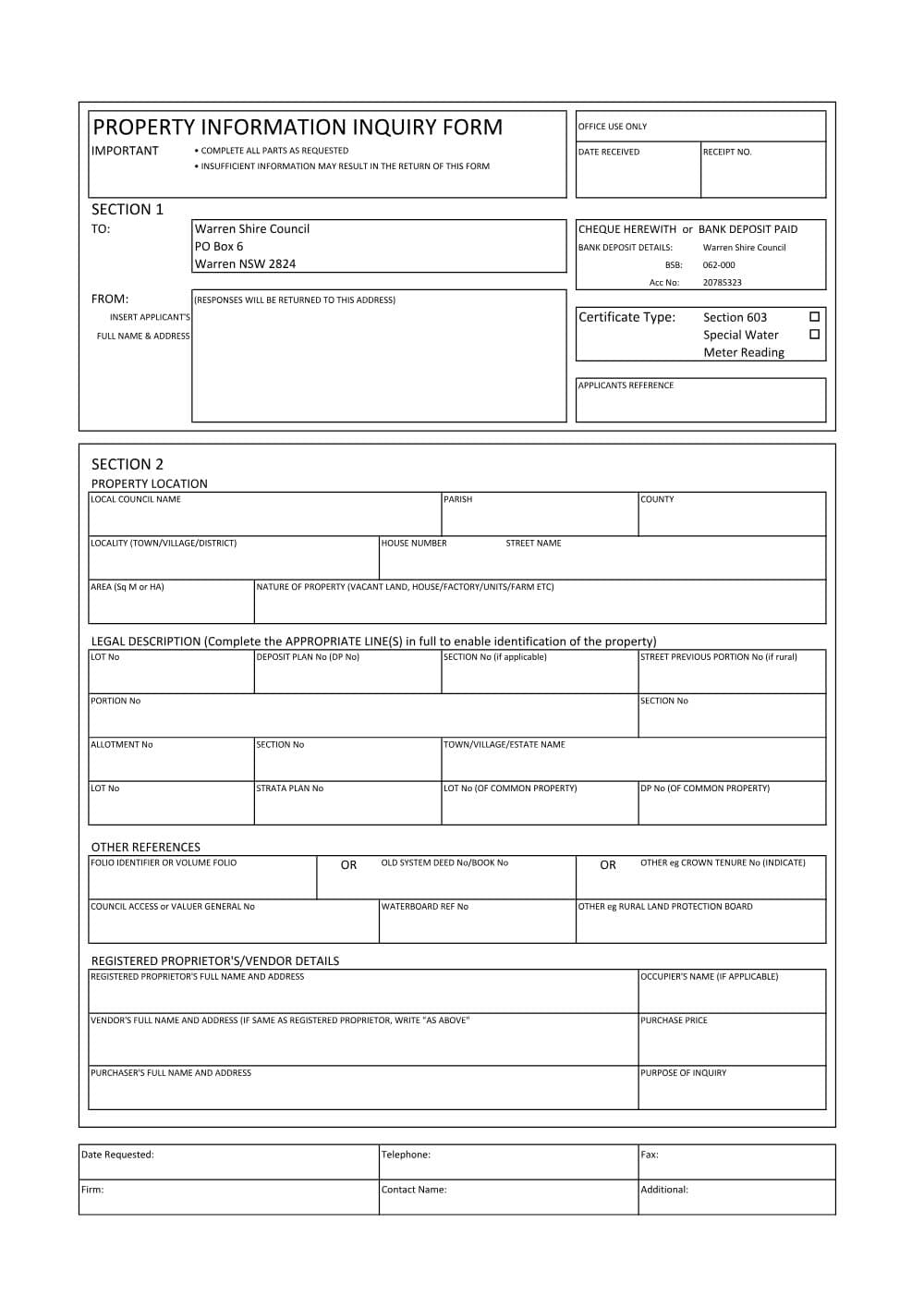 Preview of the first page of Section 603 Certificate Application