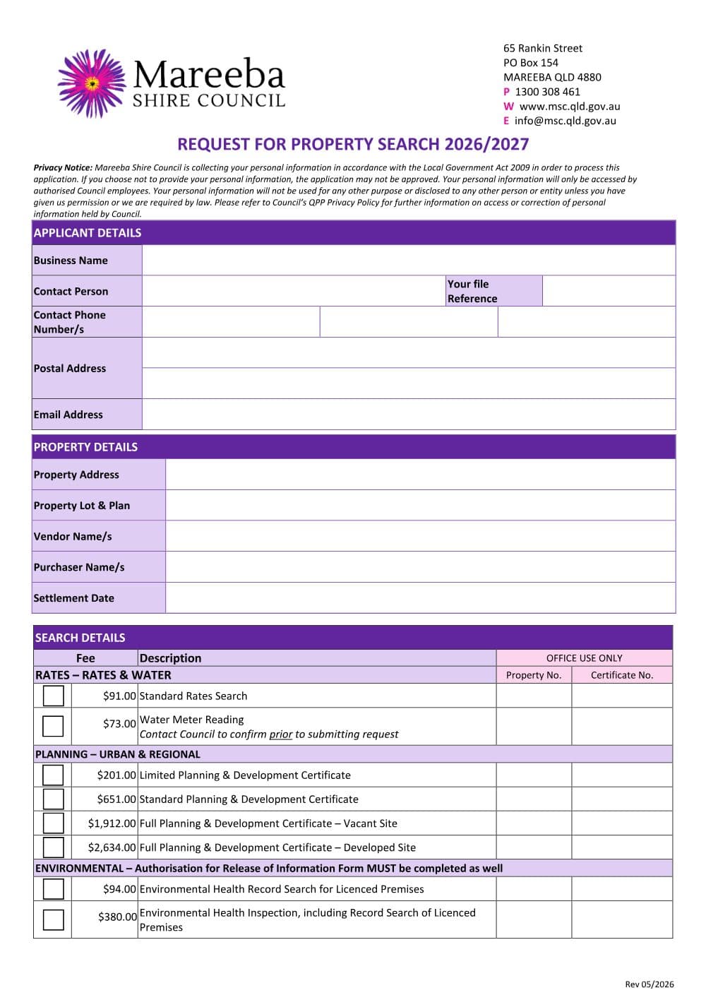 Preview of the first page of Request for Property Search