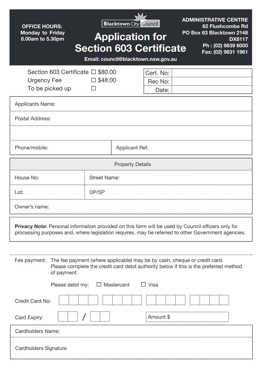 Preview of the first page of Application for Section 603 Certificate