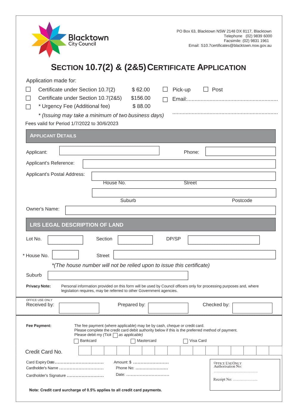 Preview of the first page of Section 10.7(2) and (5) Certificate Application