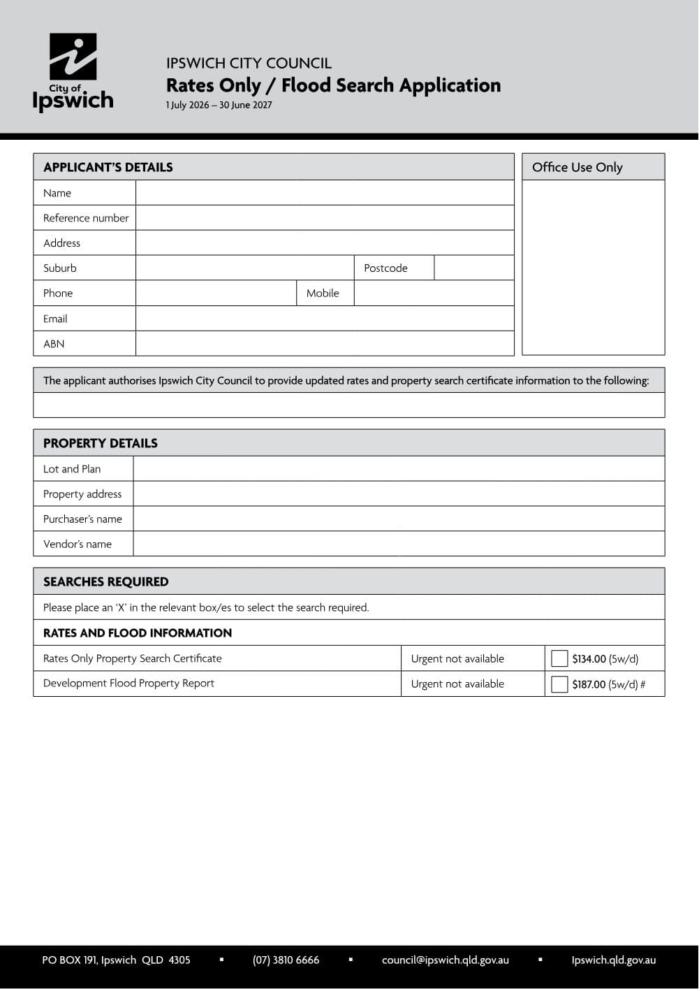 Preview of the first page of Rates Only and Flood Search Application