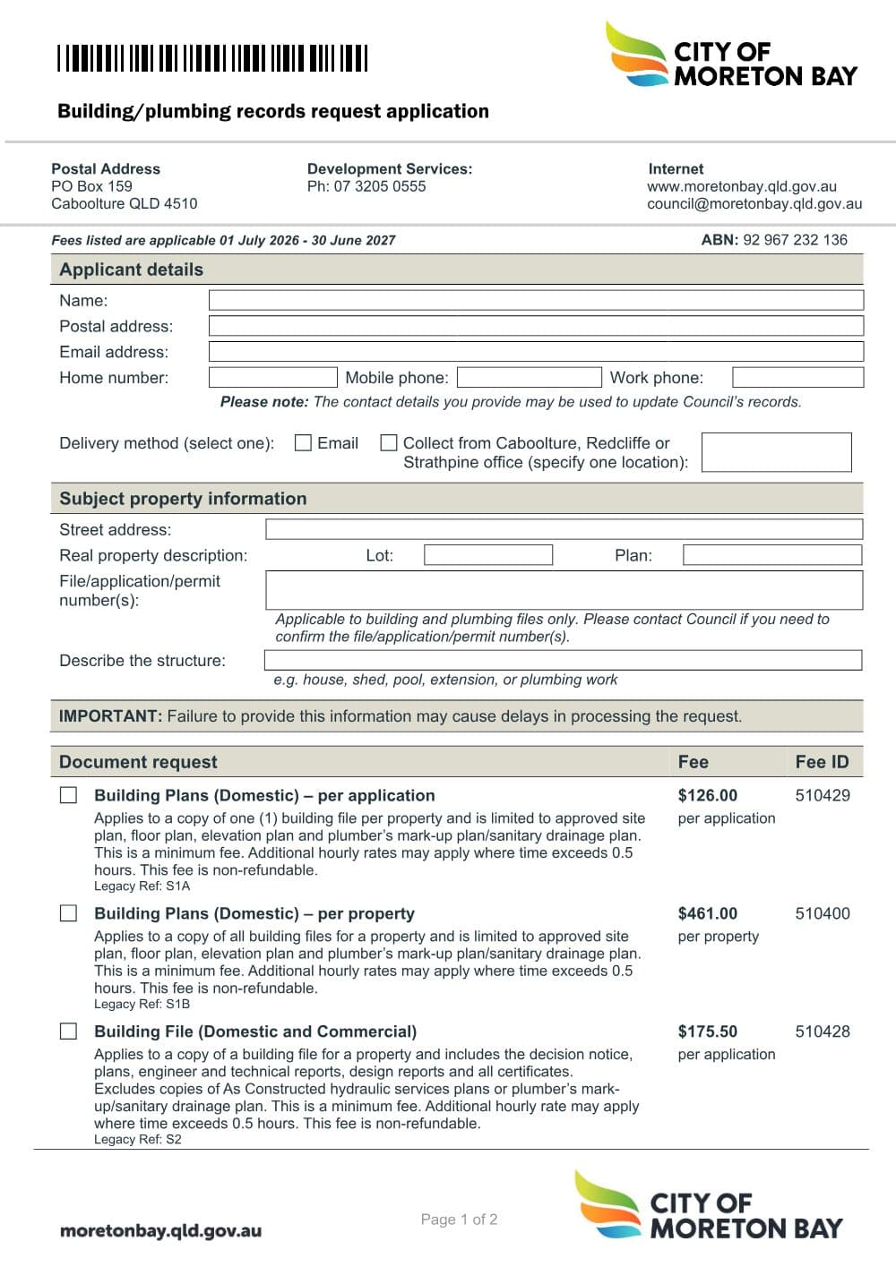 Preview of the first page of Building Plumbing Records Request Application