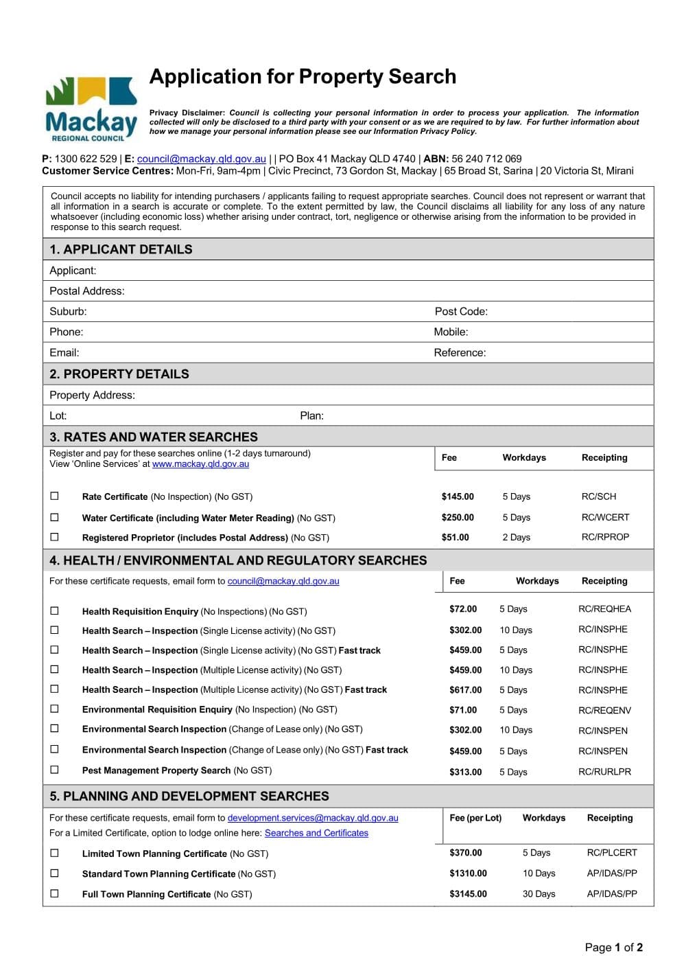 Preview of the first page of Application for Property Search
