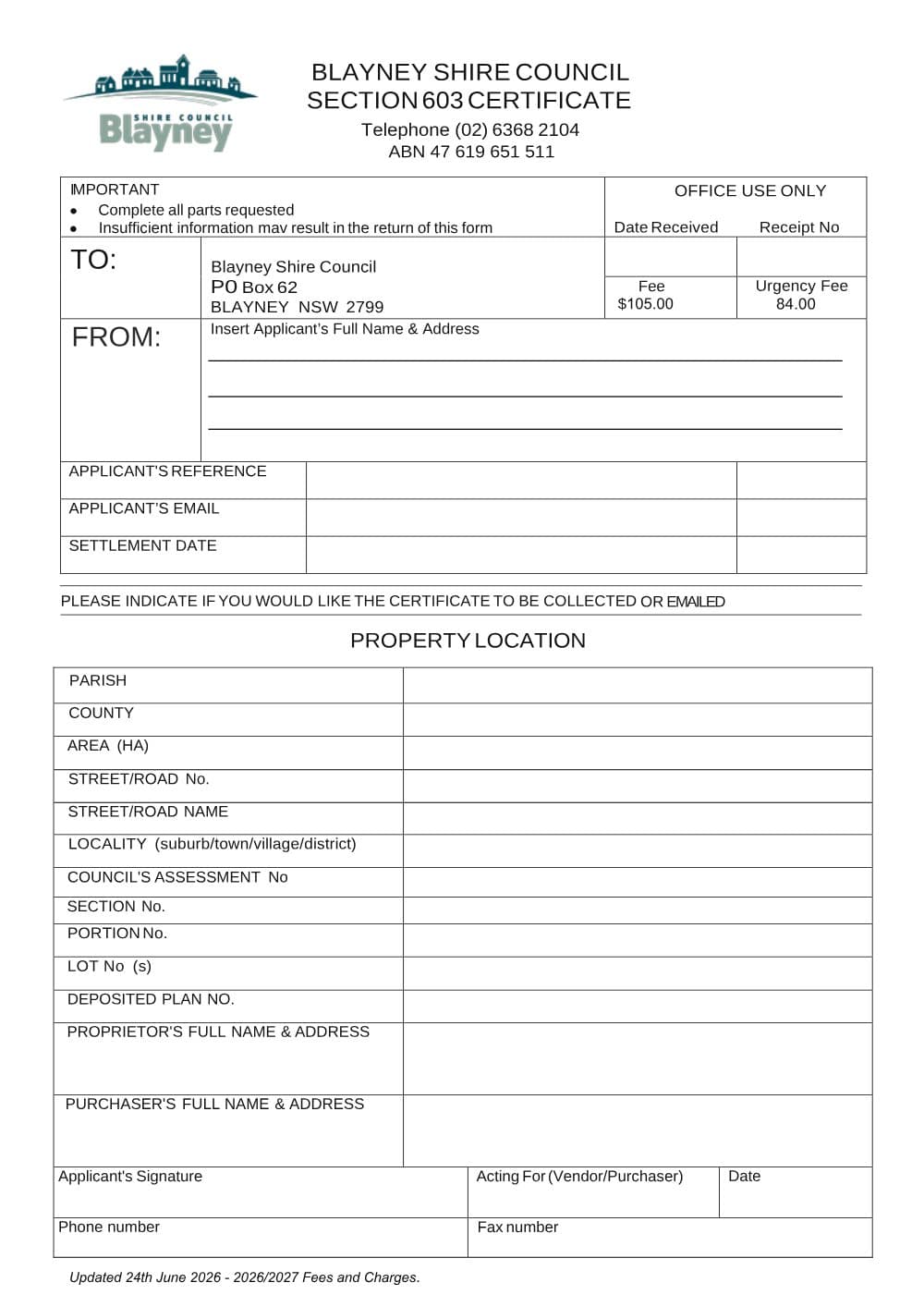 Preview of the first page of Section 603 Certificate Application