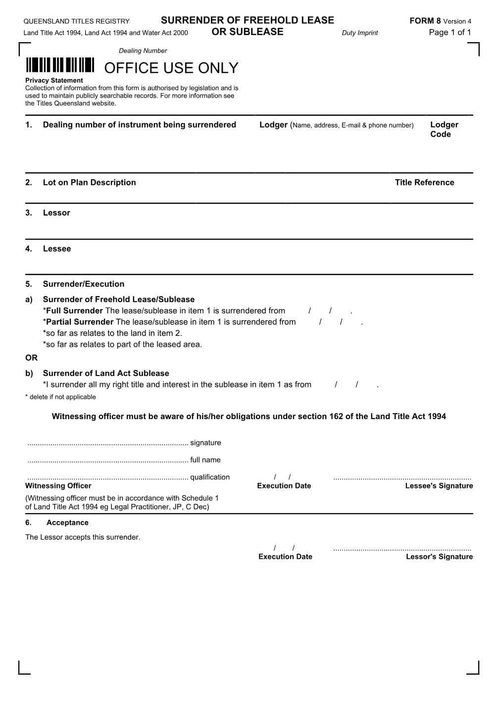Preview of the first page of Surrender of freehold lease or sub-lease (Form 8)