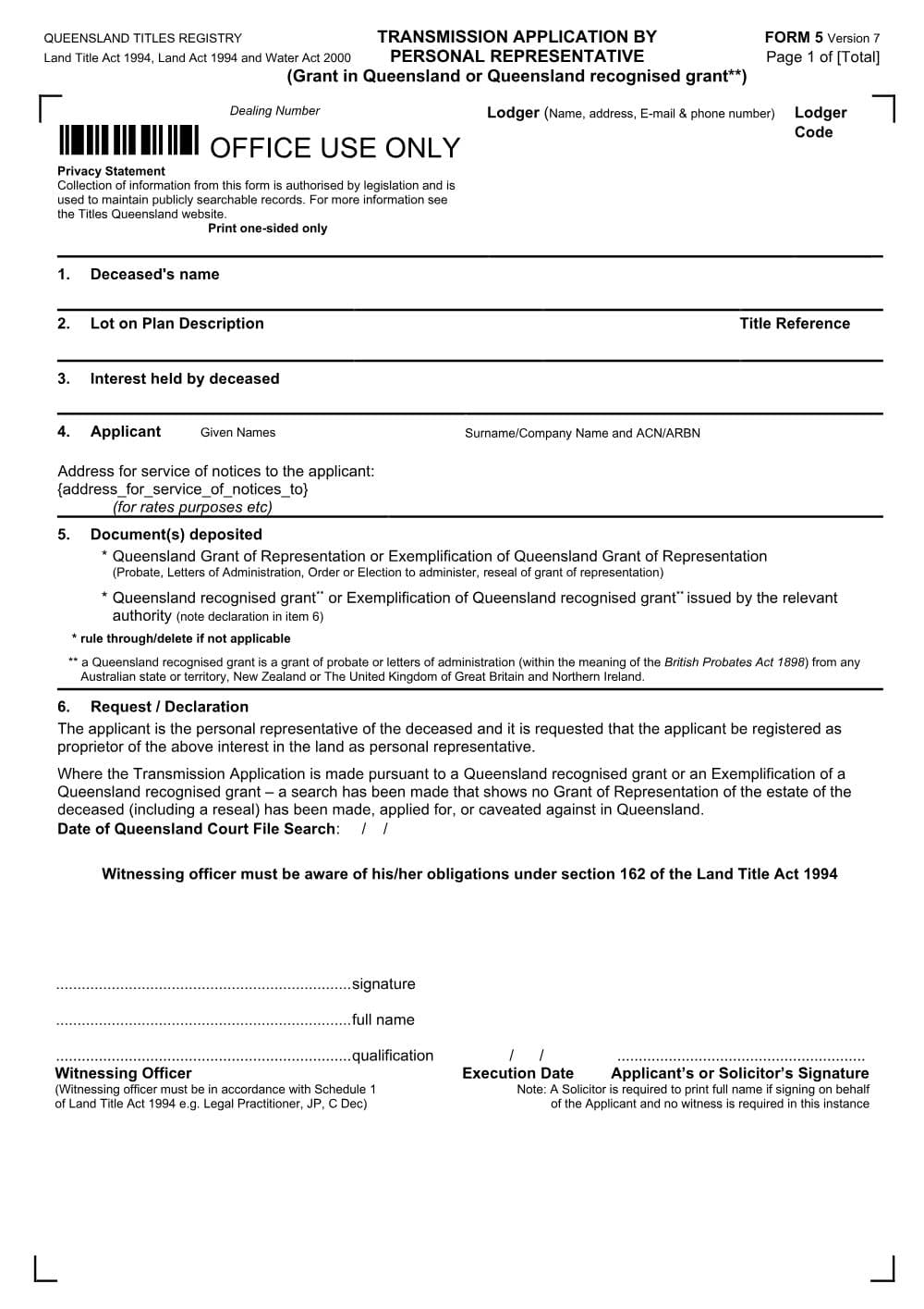 Preview of the first page of Transmission application (Grant in Queensland or Queensland Recognised Grant) (Form 5)