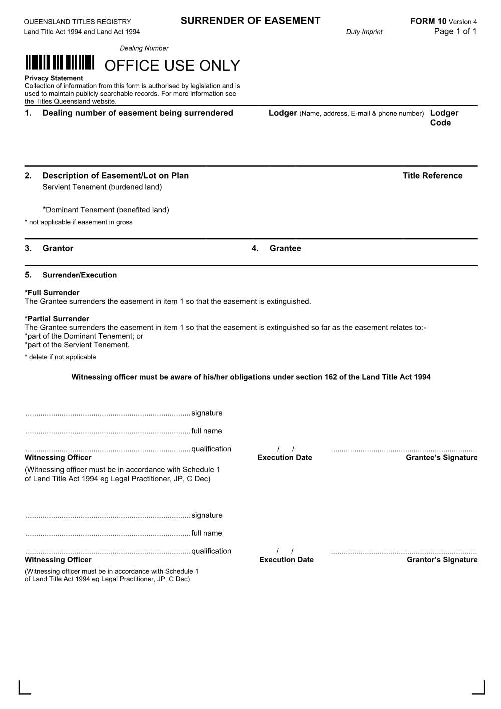 Preview of the first page of Surrender of easement (Form 10)