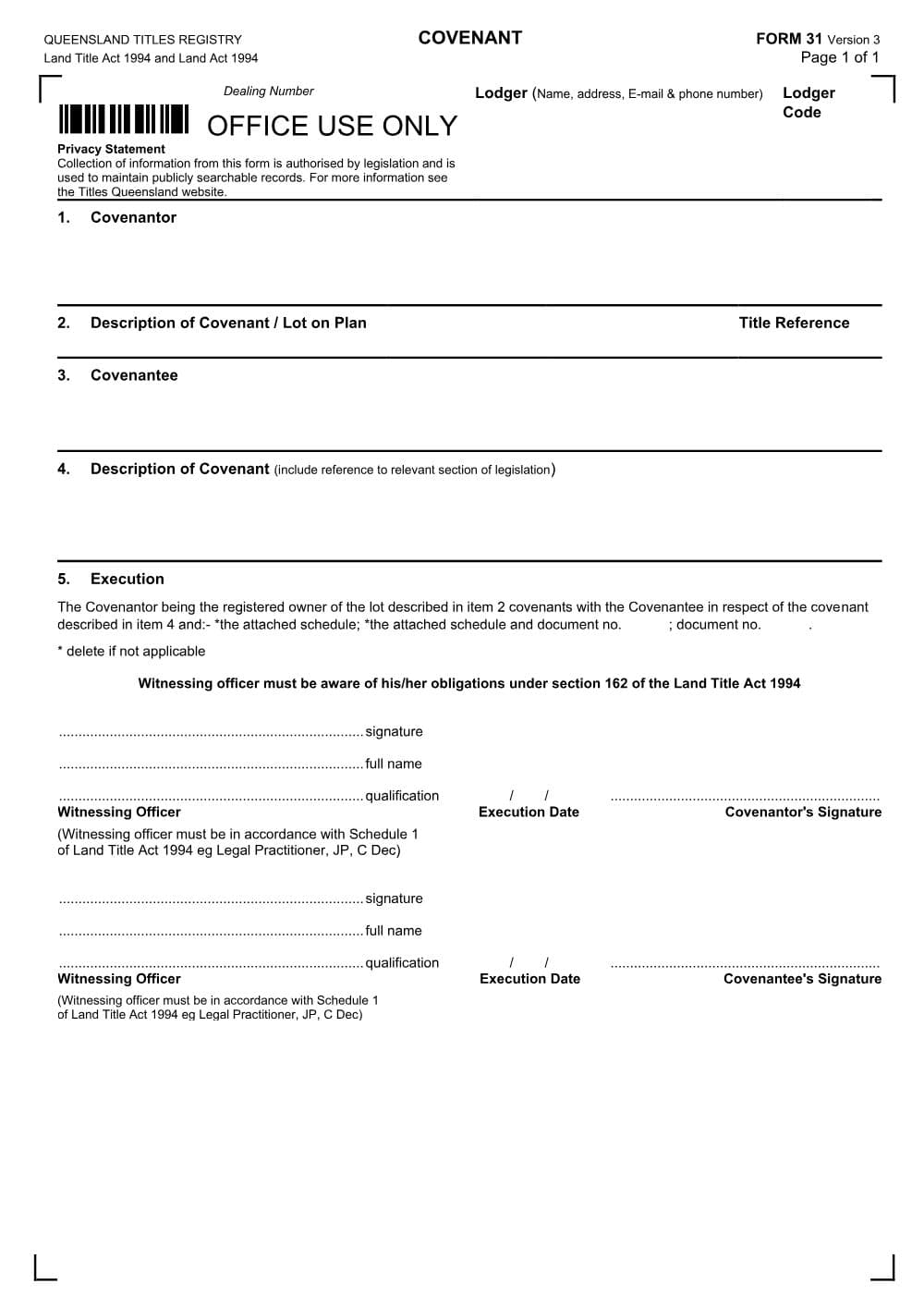 Preview of the first page of Covenant (Form 31)