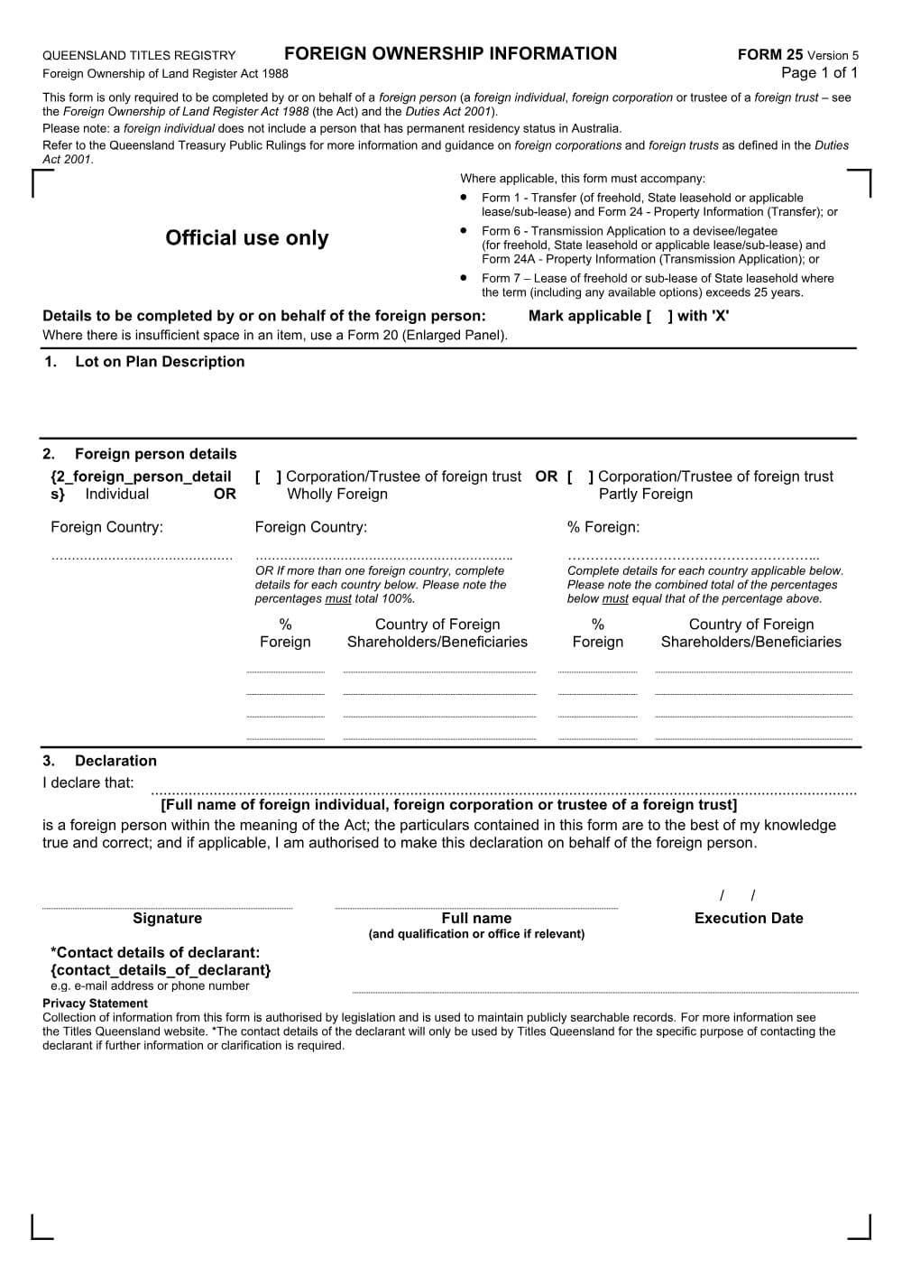 Preview of the first page of Foreign ownership information (Form 25)