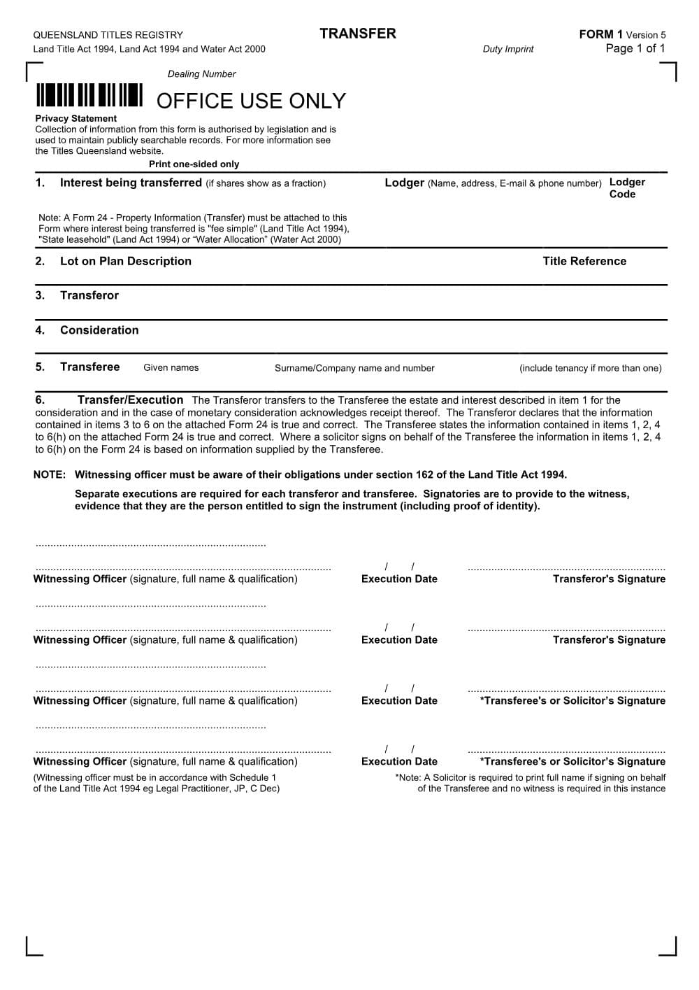 Preview of the first page of Transfer (Form 1)