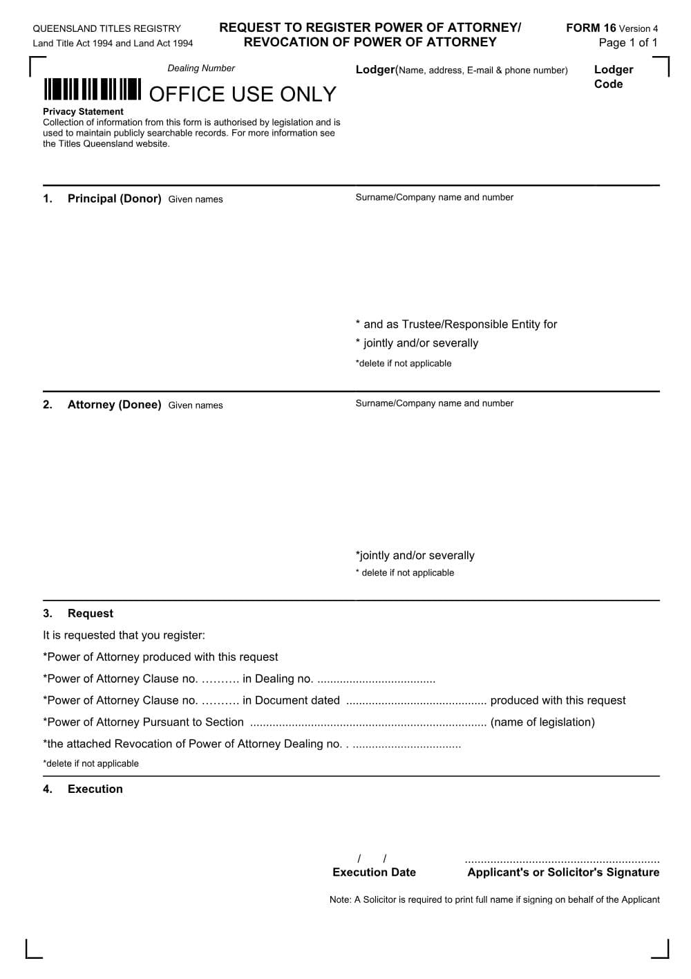 Preview of the first page of Request to register power of attorney/revocation of power of attorney (Form 16)