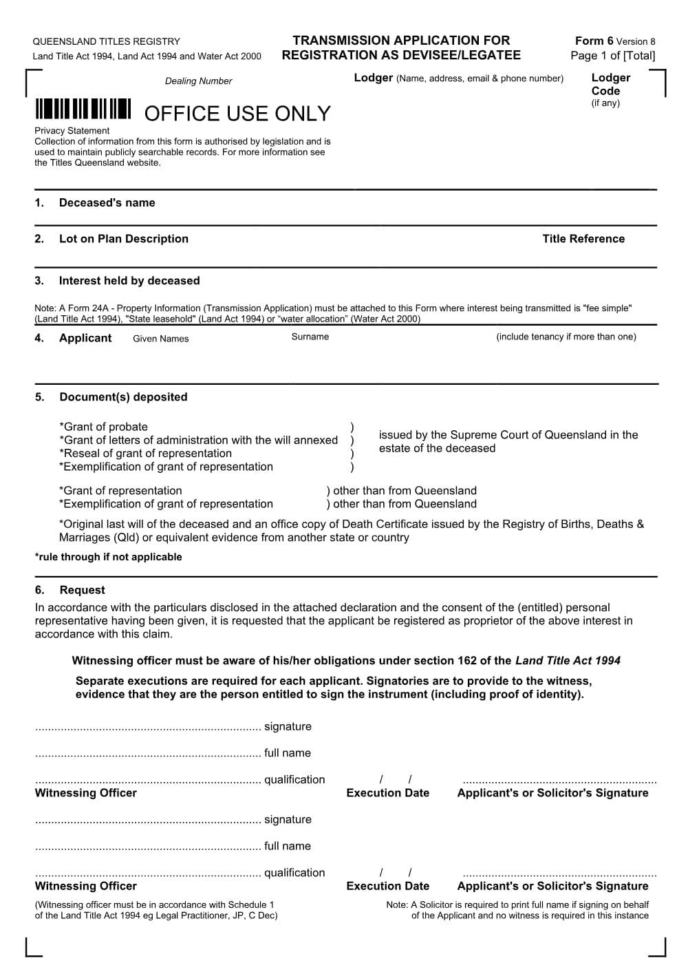Preview of the first page of Transmission application for devisee/legatee (Form 6)