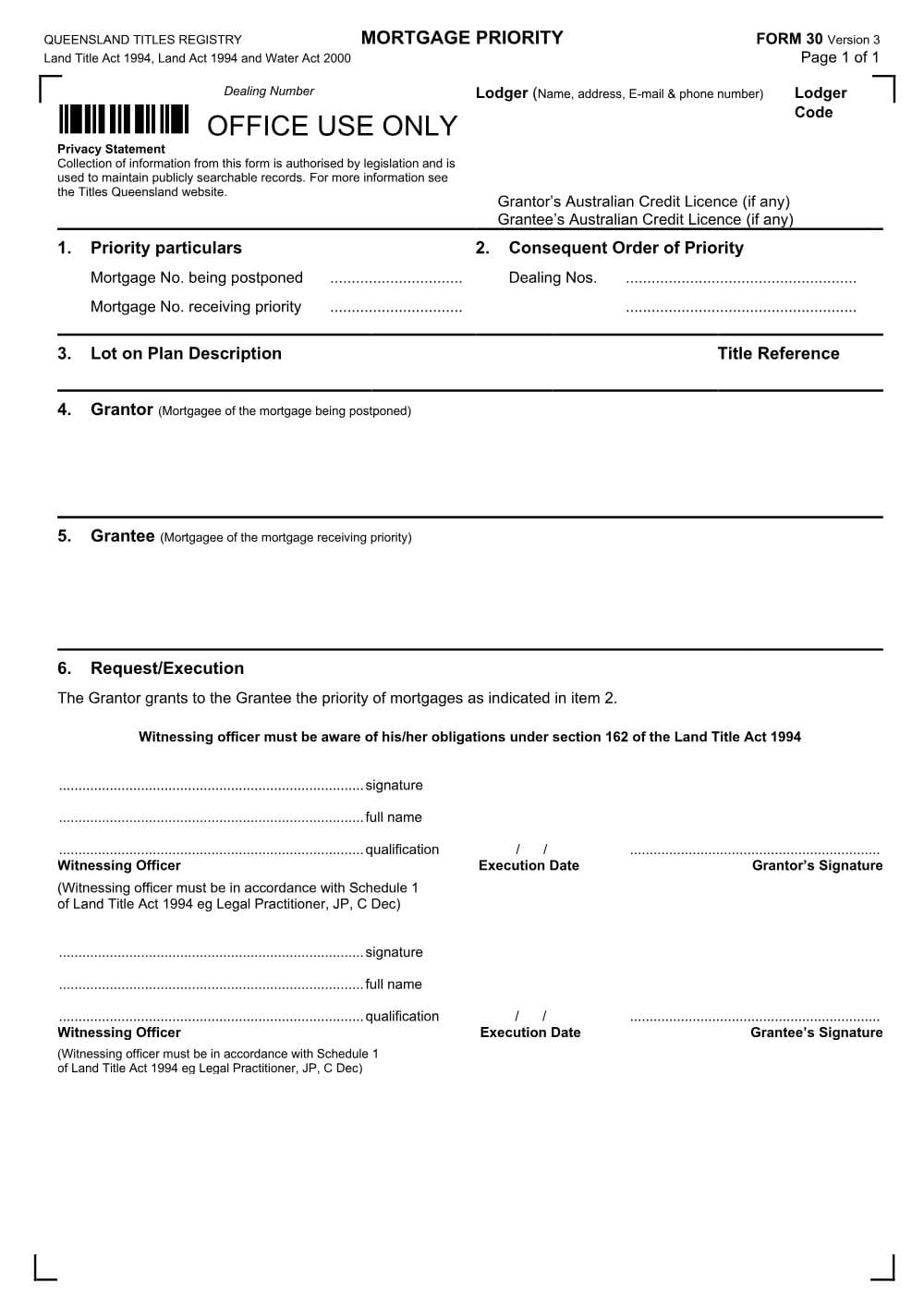 Preview of the first page of Mortgage priority (Form 30)