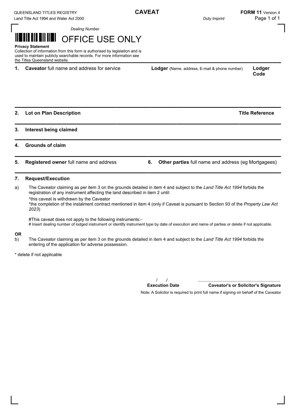 Preview of the first page of Caveat (Form 11)