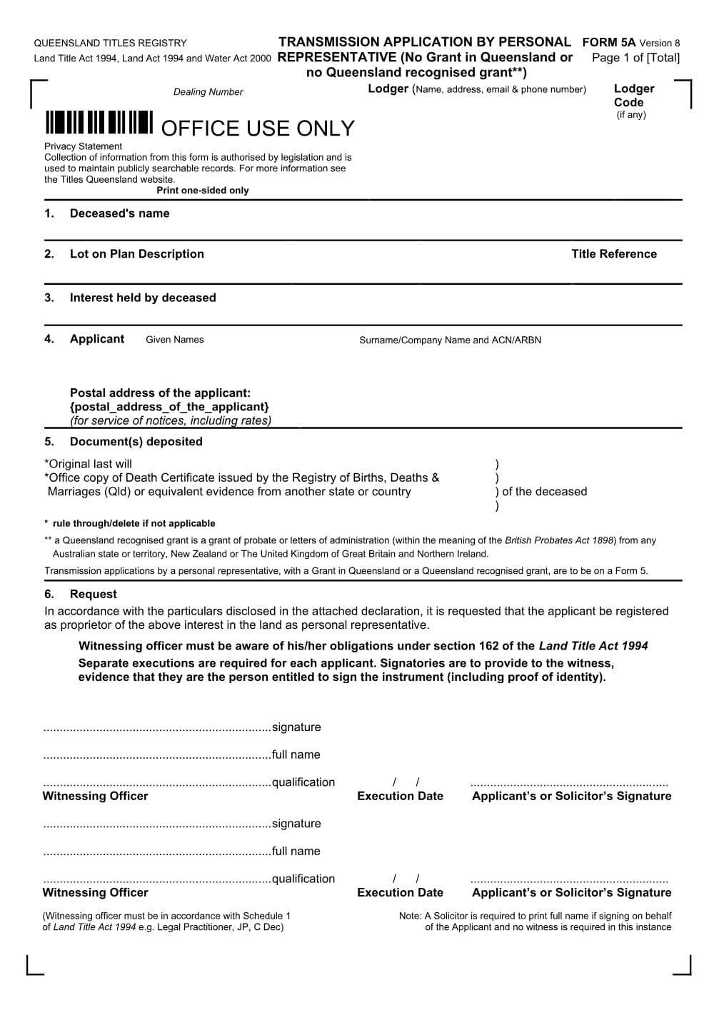 Preview of the first page of Transmission application (No Grant in Queensland or no Queensland Recognised Grant) (Form 5A)
