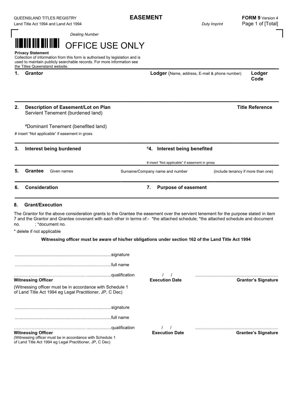 Preview of the first page of Easement (Form 9)