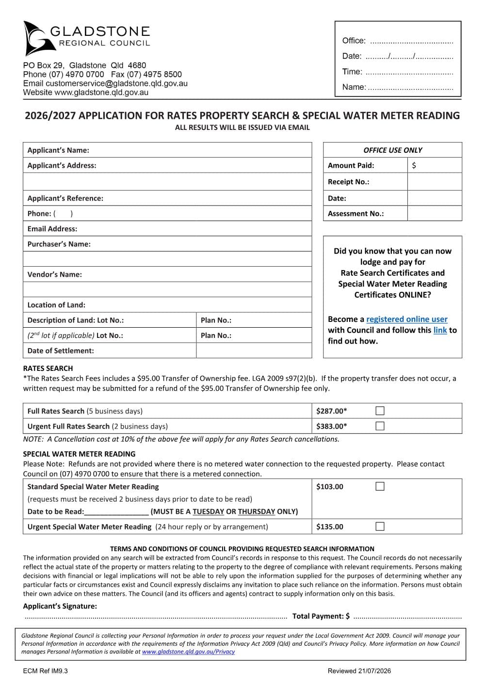 Preview of the first page of Application for Rates Property Search and Special Water Meter Reading