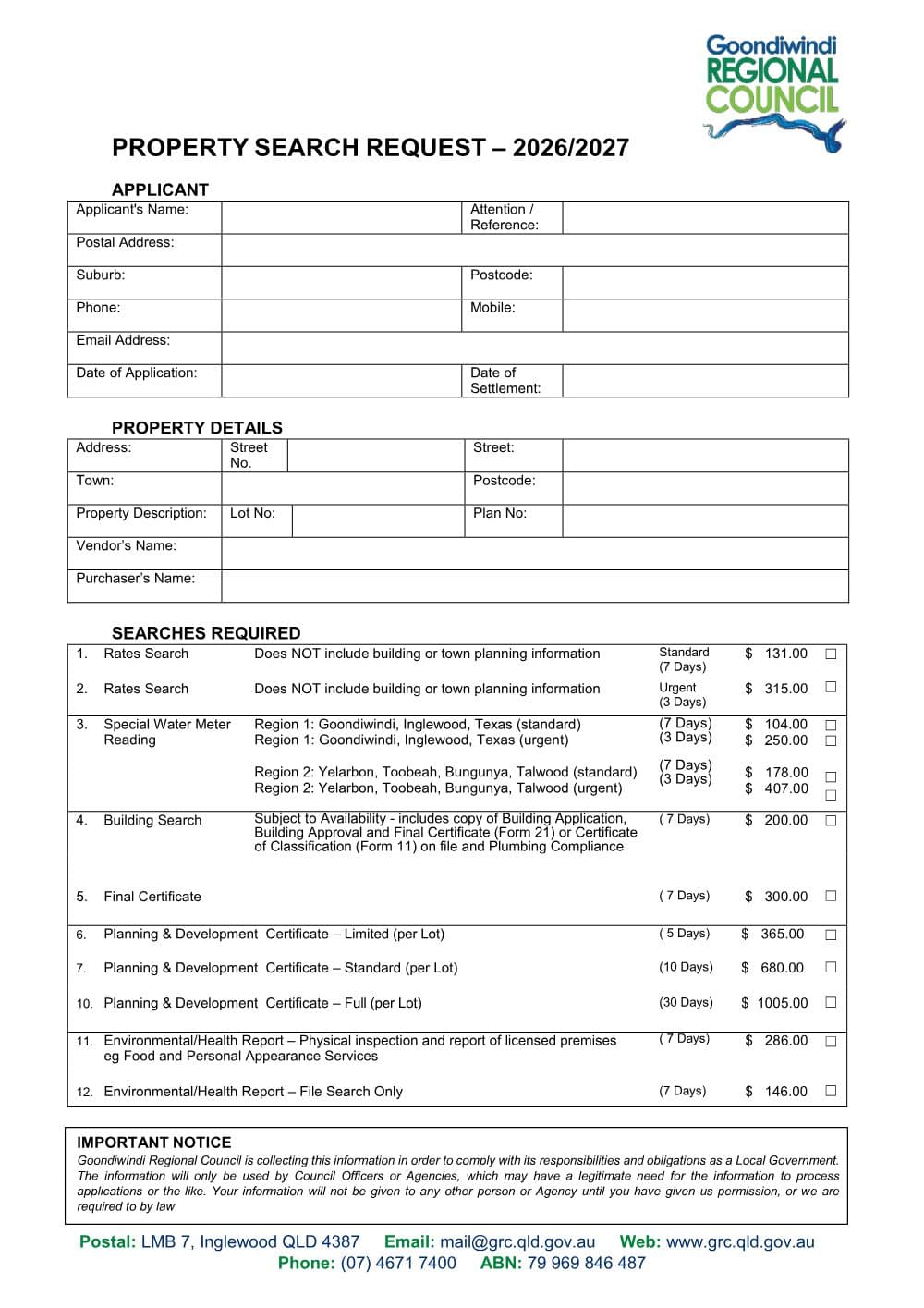 Preview of the first page of Property Search Form