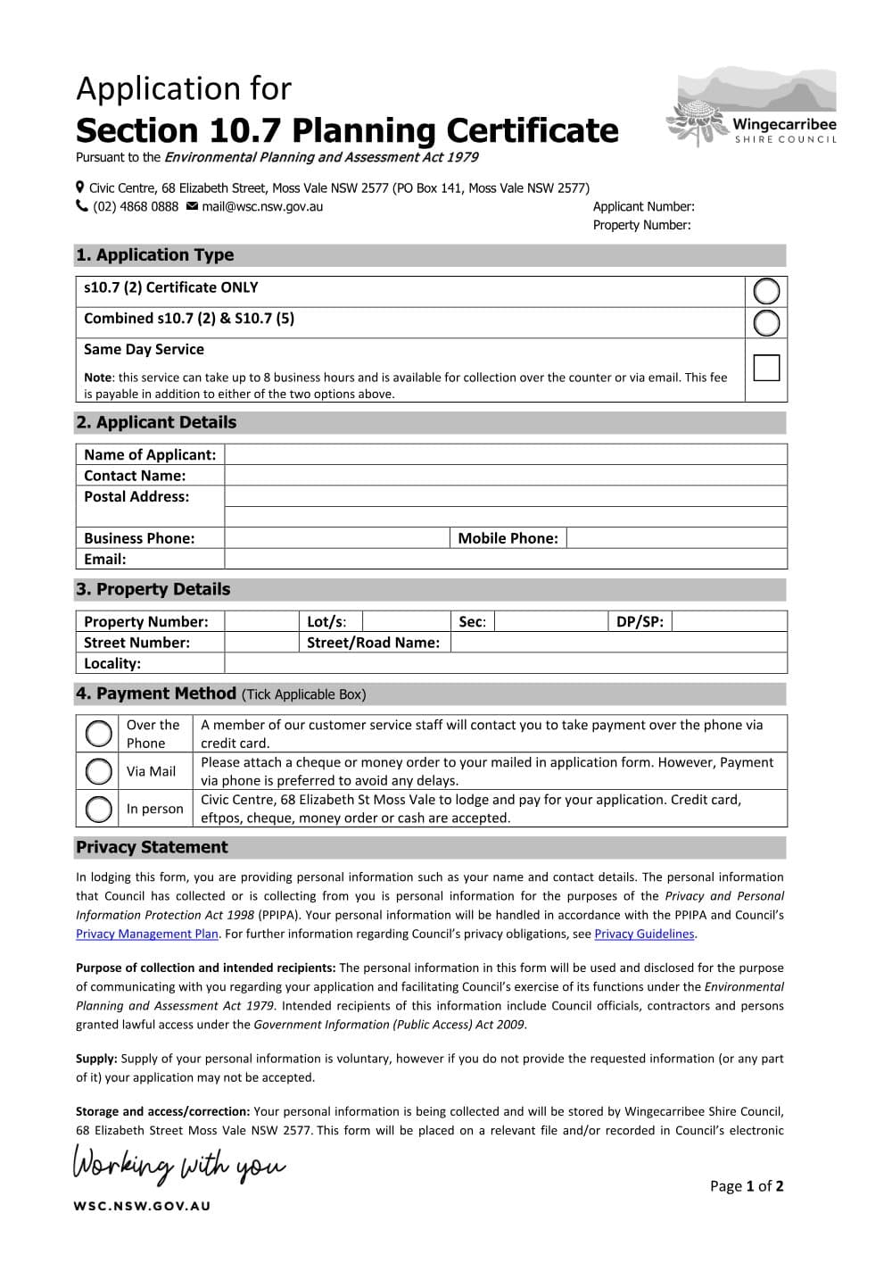 Preview of the first page of Section 10.7 Planning Certificate Application