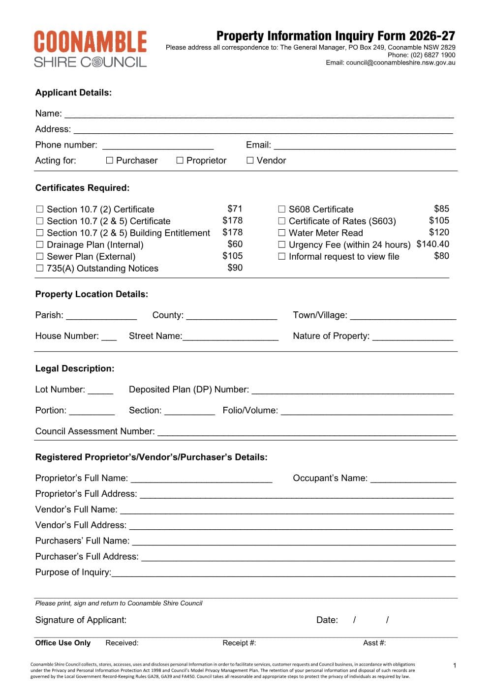 Preview of the first page of Property Information Inquiry Form