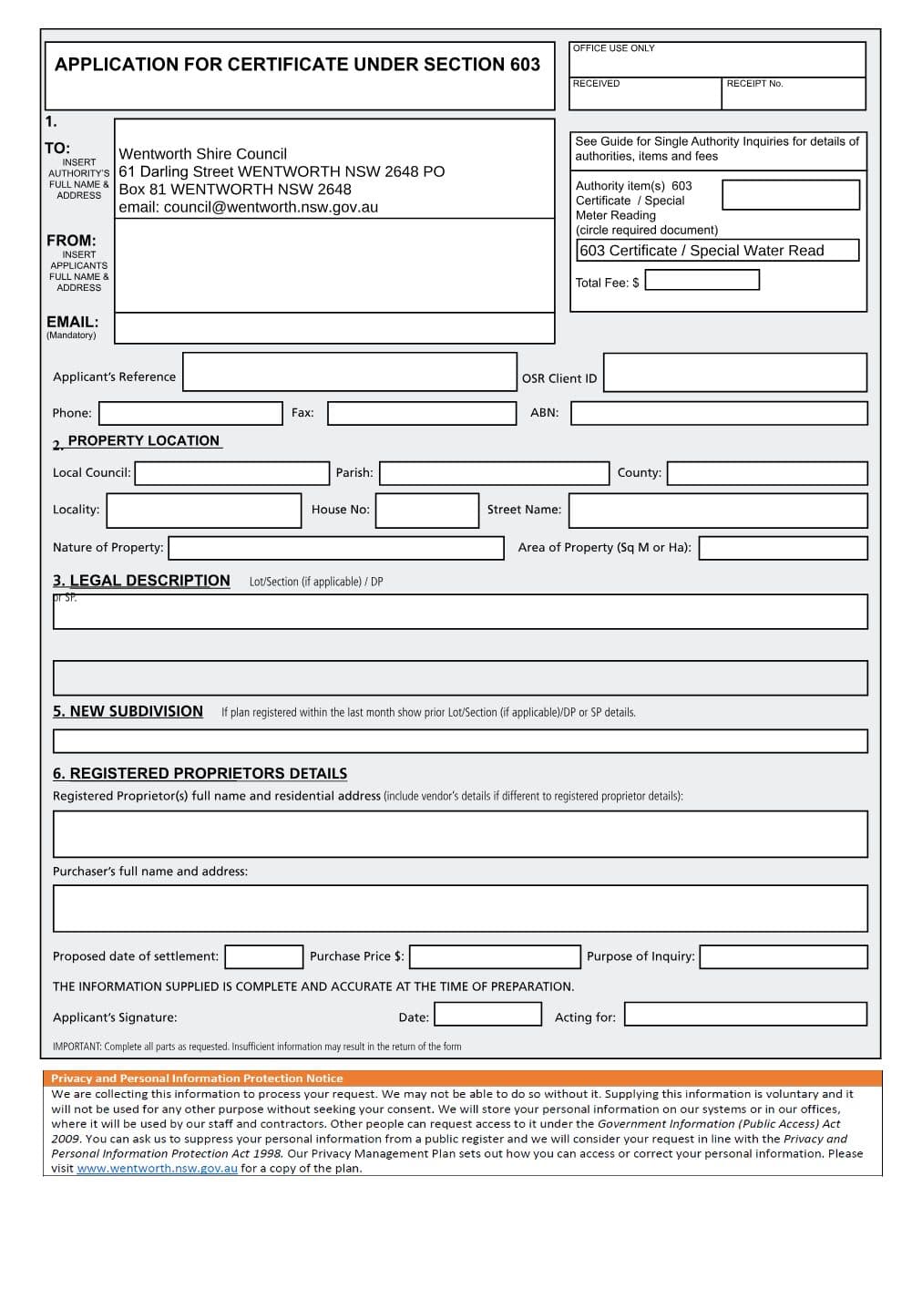 Preview of the first page of Application for Certificate Under Section 603
