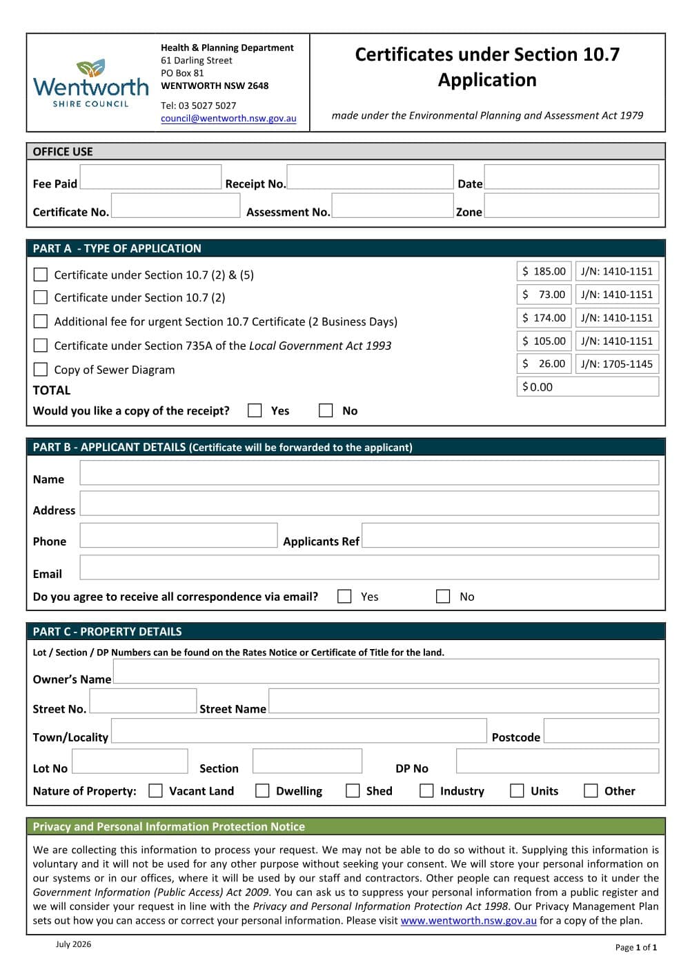 Preview of the first page of Certificates Under Section 10.7 Application