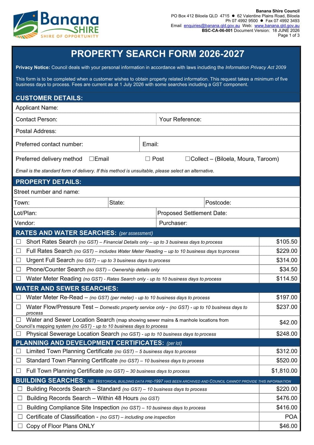 Preview of the first page of Property Search Form