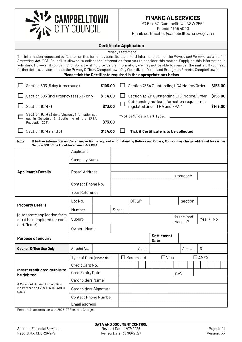 Preview of the first page of Certificate Application