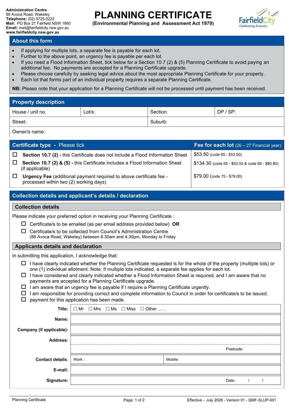 Preview of the first page of Planning Certificate Application