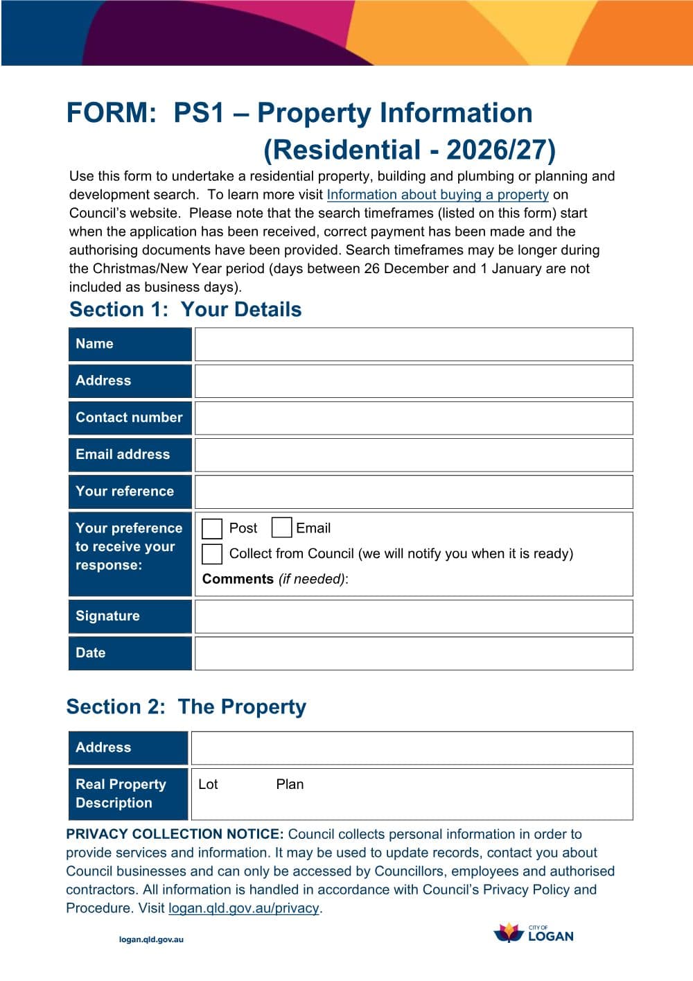 Preview of the first page of Property Information Request PS1 (Residential)