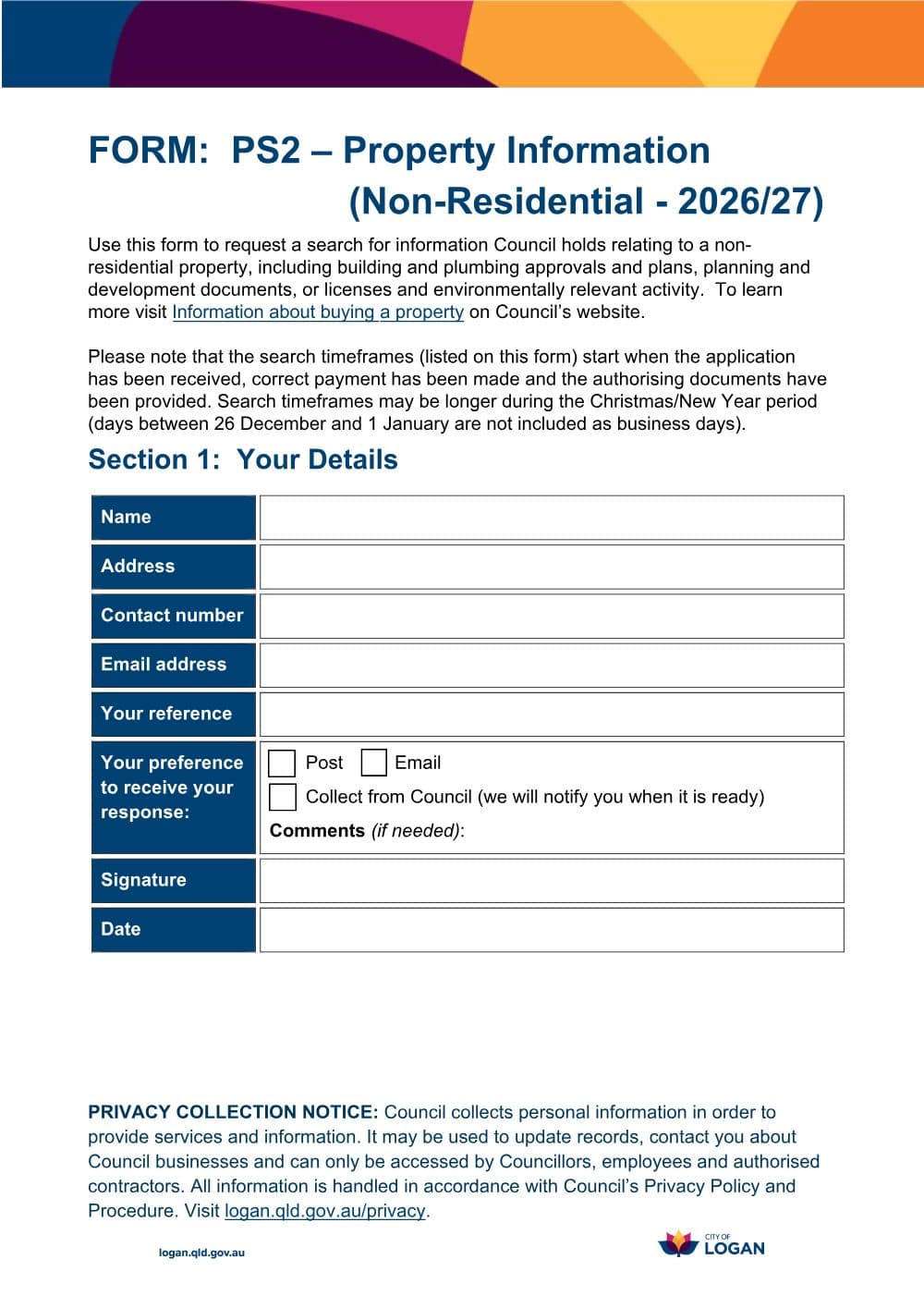 Preview of the first page of Property Information Request PS2 (Non-Residential)