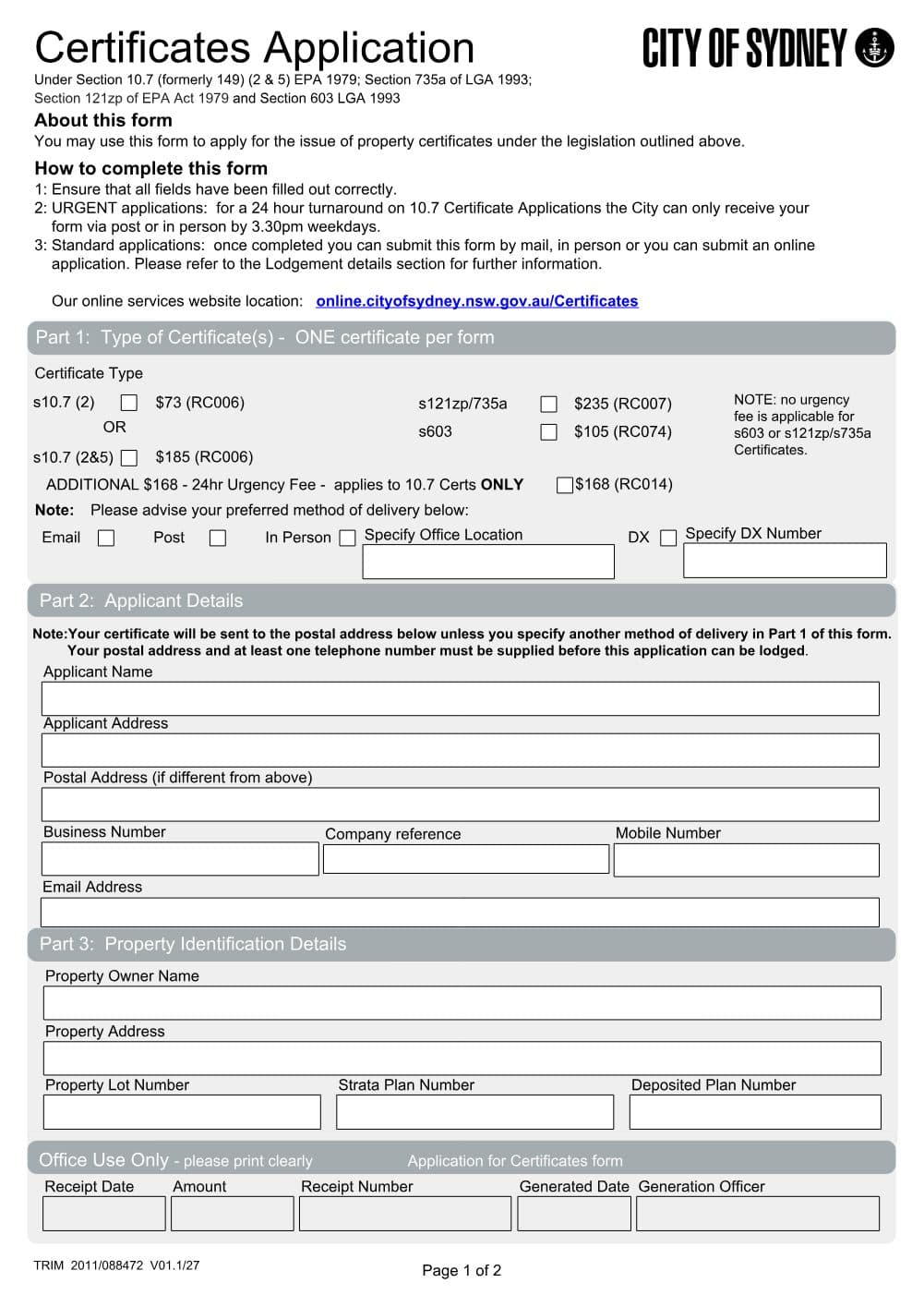 Preview of the first page of Certificates Application