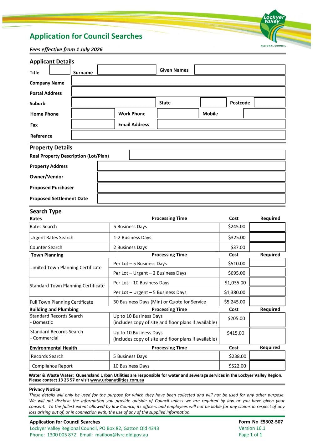 Preview of the first page of Application for Council Searches