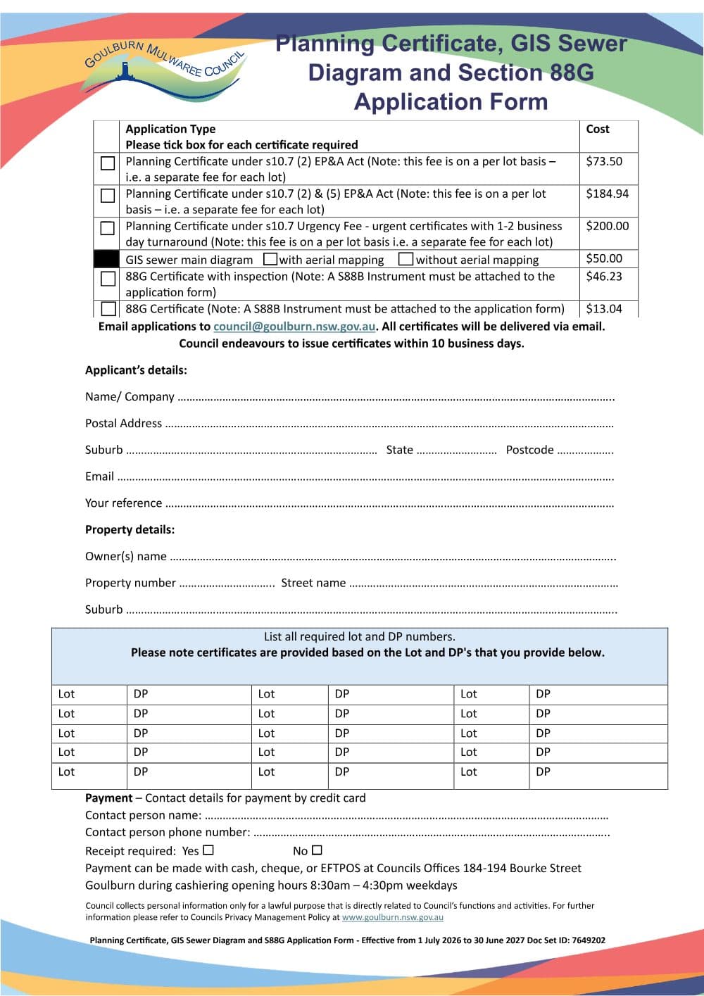 Preview of the first page of Planning Certificate, GIS Sewer Diagram and Section 88G Application Form